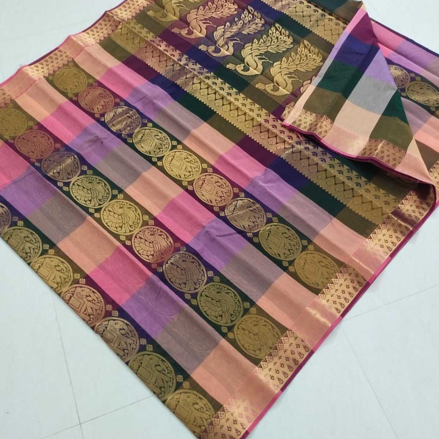 Shri Venkateshwara textiles Kotta Silk Cotton Green and Pink colour Checked Saree