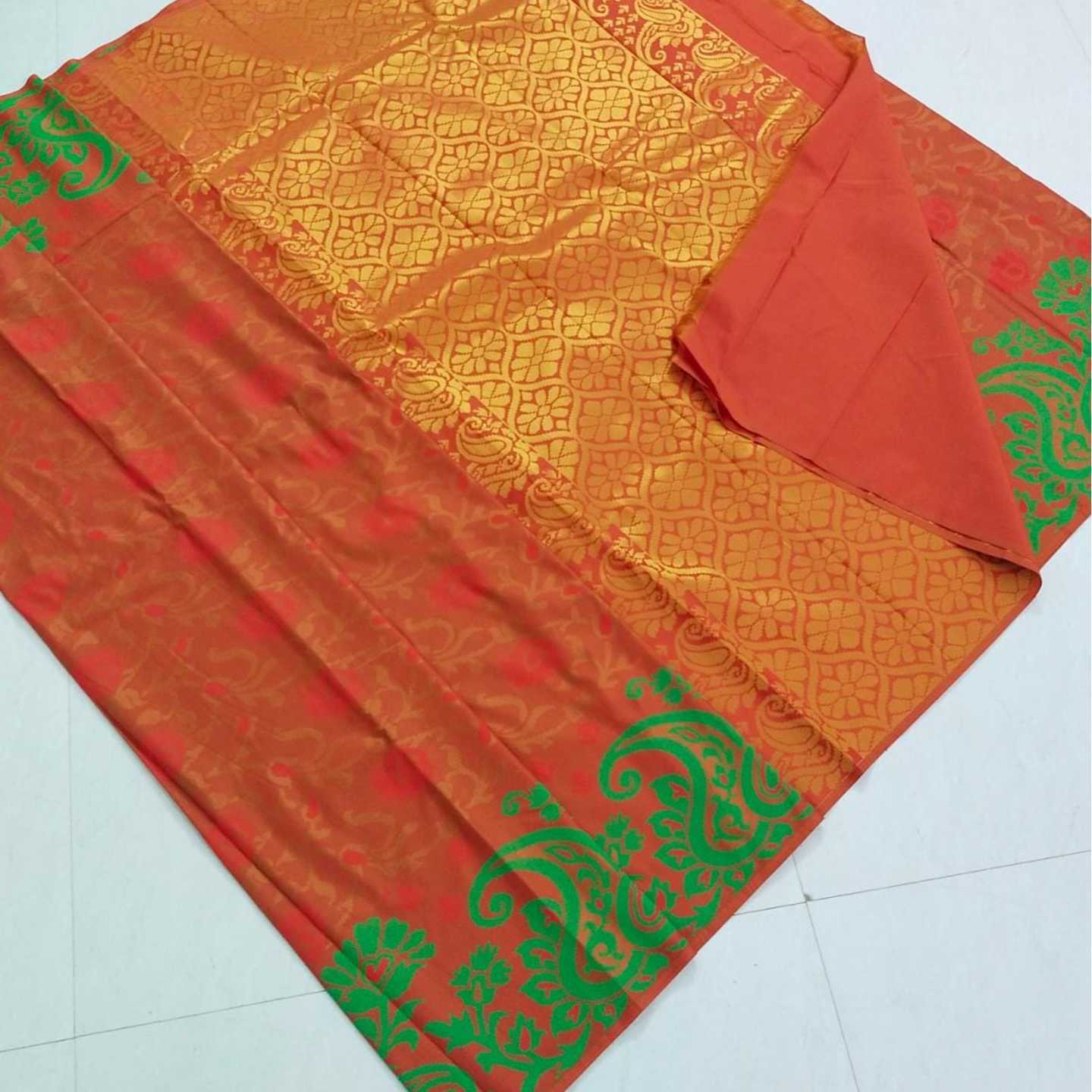 Shri Venkateshwara textiles Kancheepuram SemiSilk Wedding Orange and Green Saree