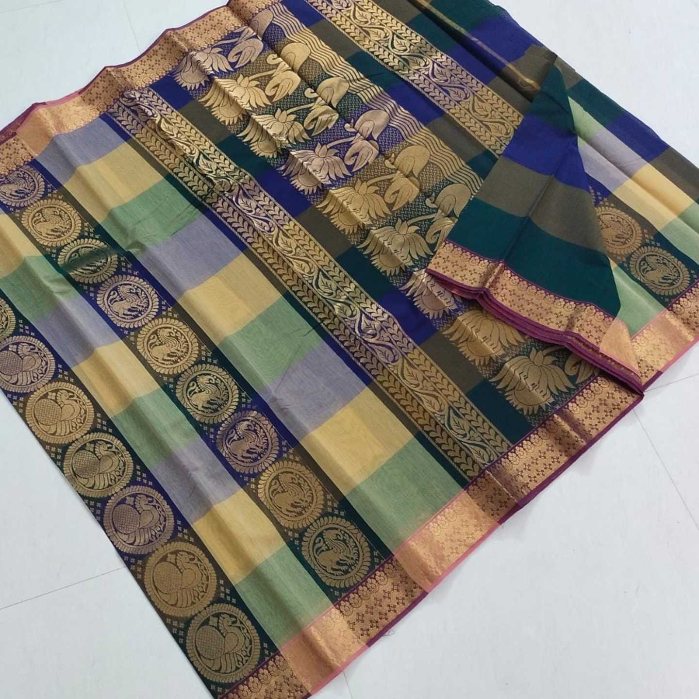 Shri Venkateshwara textiles Silk Cotton Green and Yellow colour Checked Saree