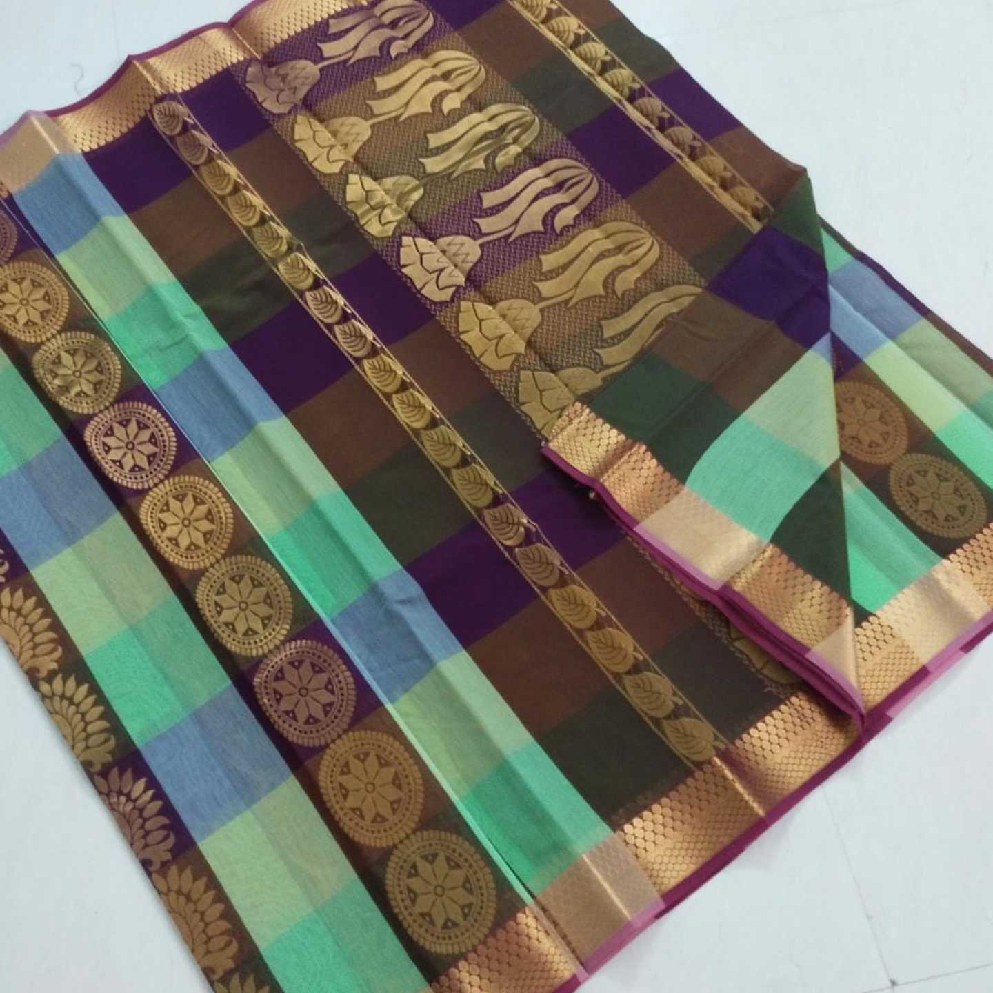 Shri Venkateshwara textiles Kotta Silk Cotton Green and Brown colour Checked Saree