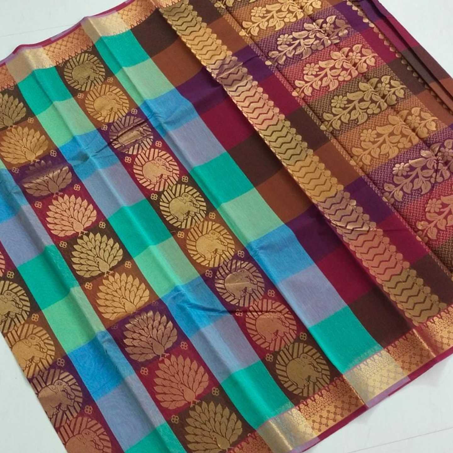 Shri Venkateshwara textiles Silk Cotton Maroon and Blue colour Checked Saree