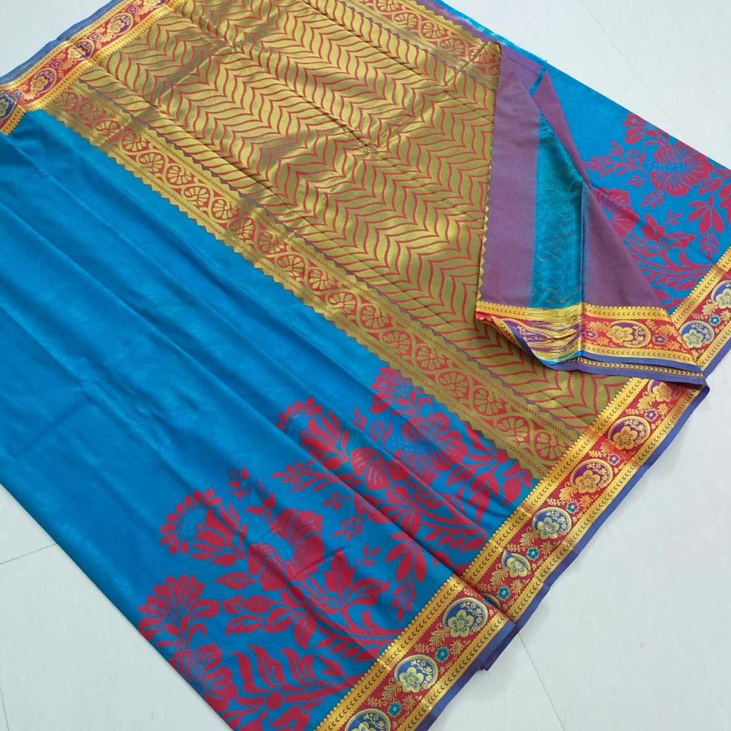 Shri Venkateshwara textiles Kancheepuram SemiSilk Wedding Blue and Red Saree