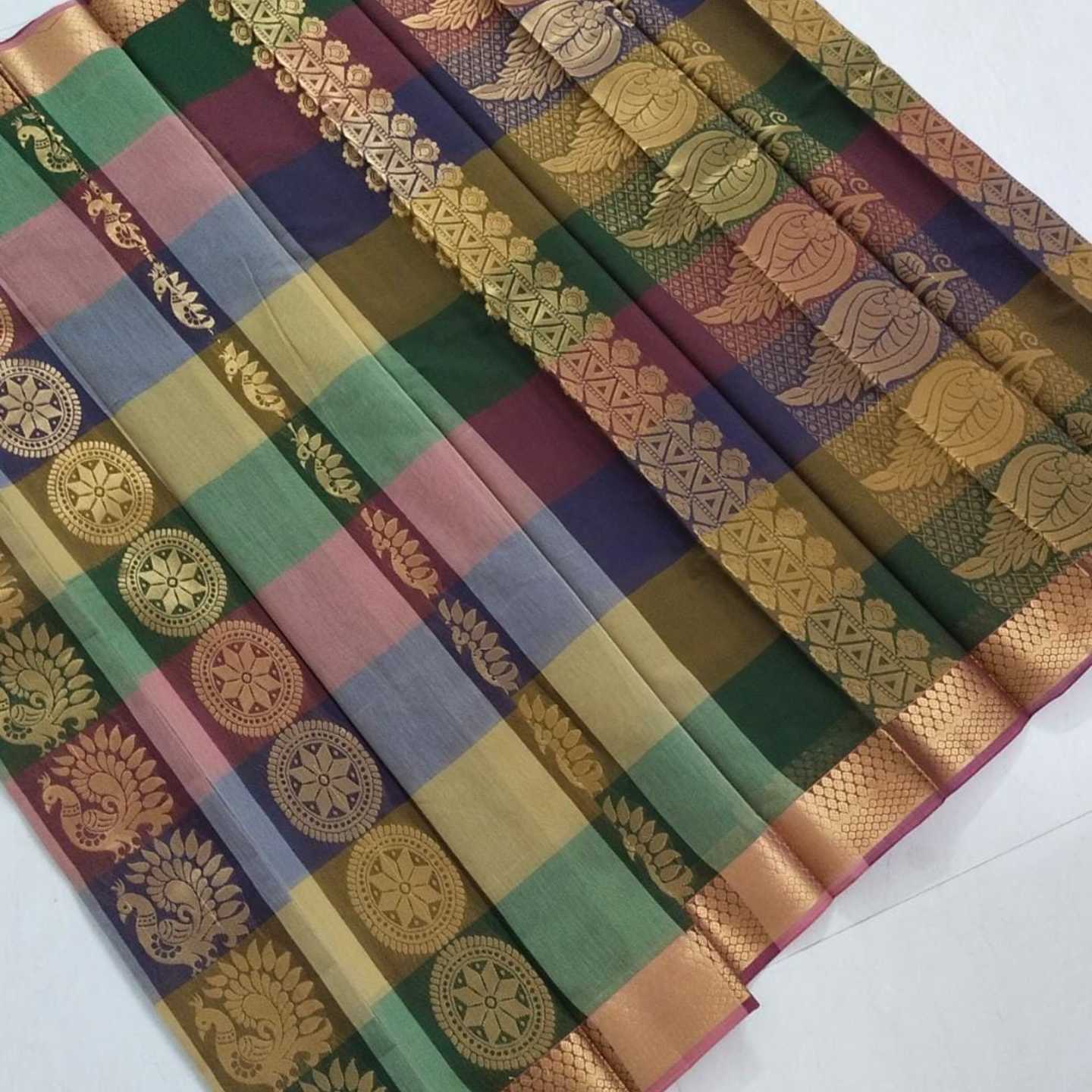 Shri Venkateshwara textiles Silk Cotton Green and Blue colour Checked Saree