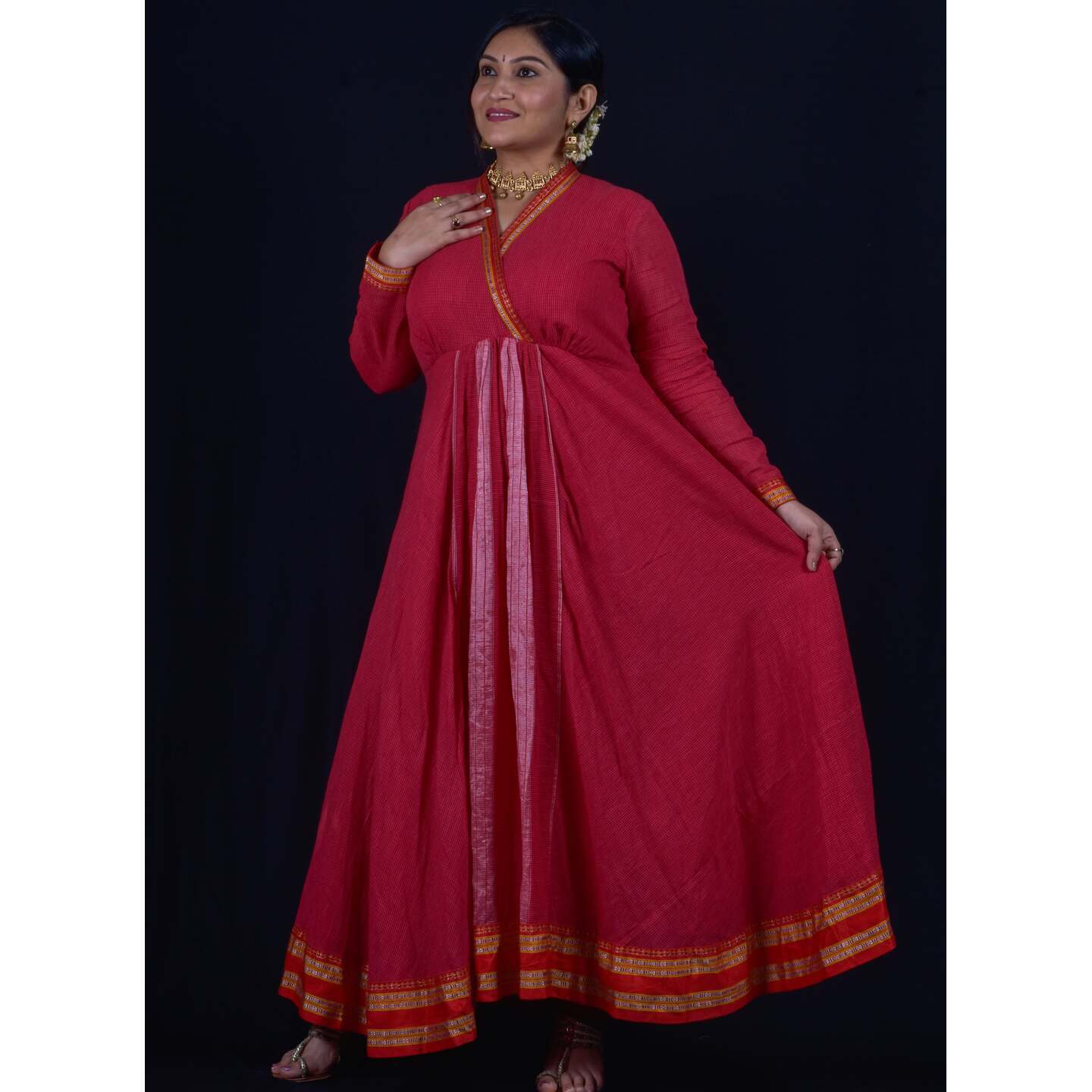 PINK CURVED GATHERED ANGARKHA DRESS