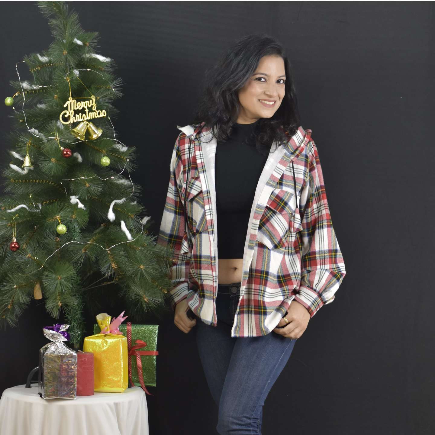 HOLIDAY LONG PLAID JACKET WITH HOODIE