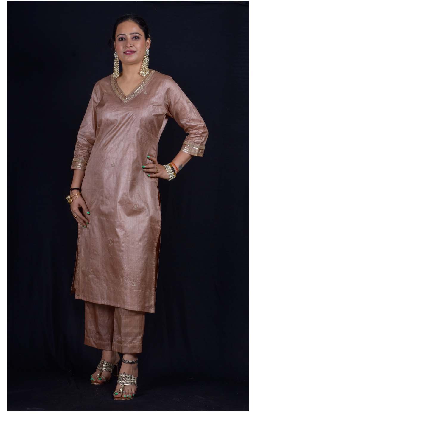 CHAMPAGNE KURTA WITH EMBROIDERY DETAIL ON NECKLINE.OUT OF STOCK