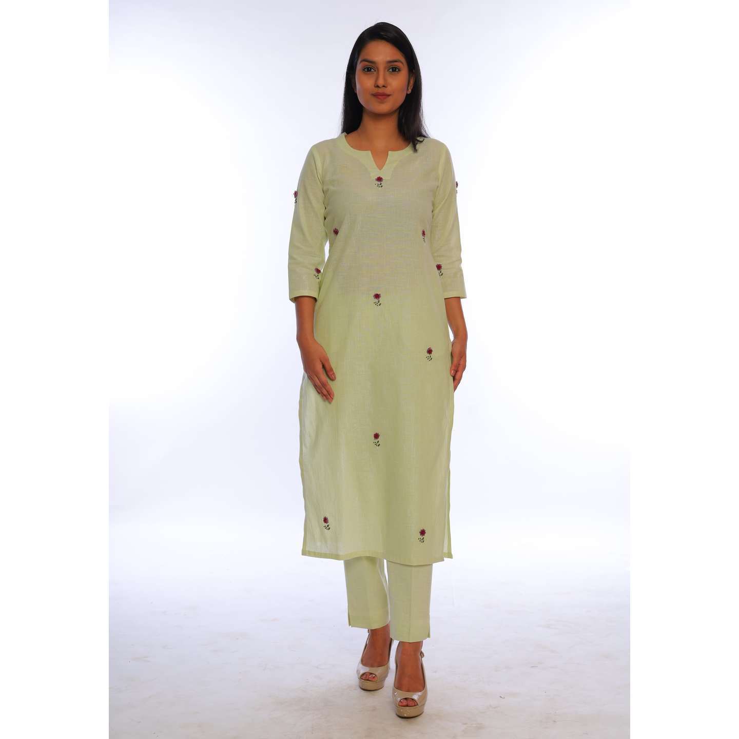 Women Lime embroidered Round neck Straight-fit Kurta with Pant