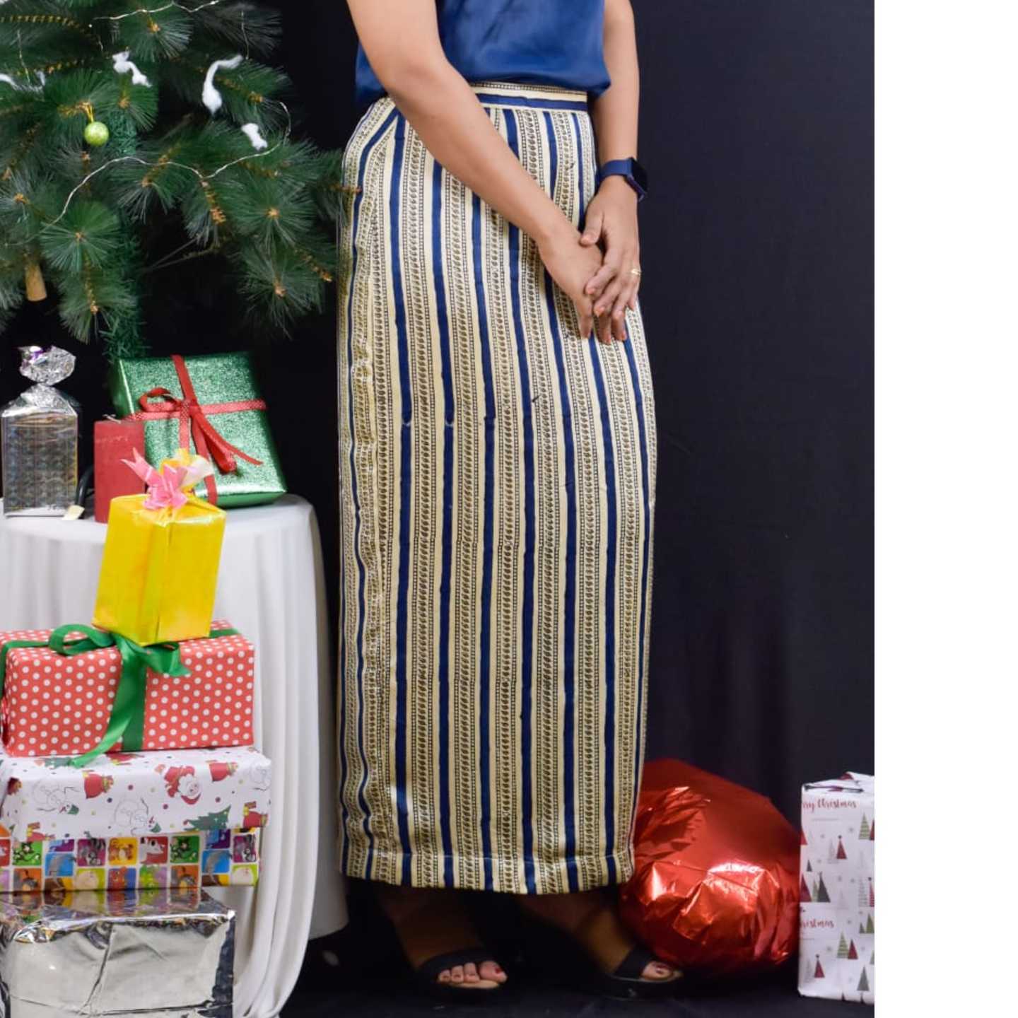 MODAL SILK STRIPE PRINTED STRAIGHT SKIRT