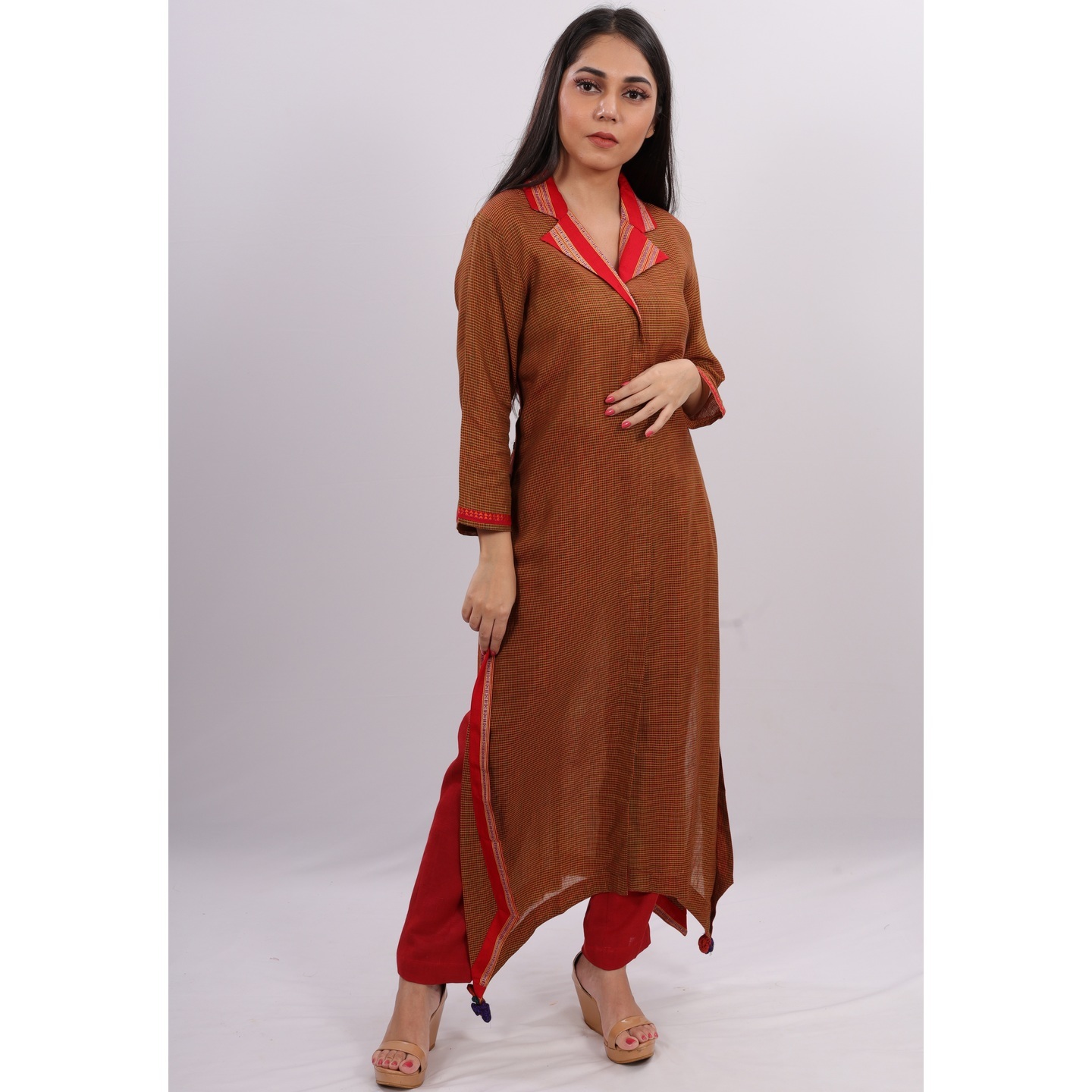 RED CHECKED COLLAR A-LINE KURTA