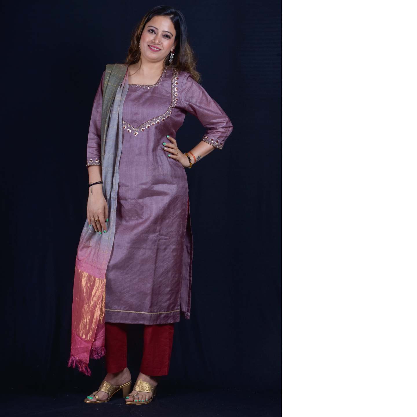 DARK GREY DOUBLE NECKLINE DETAIL KURTA