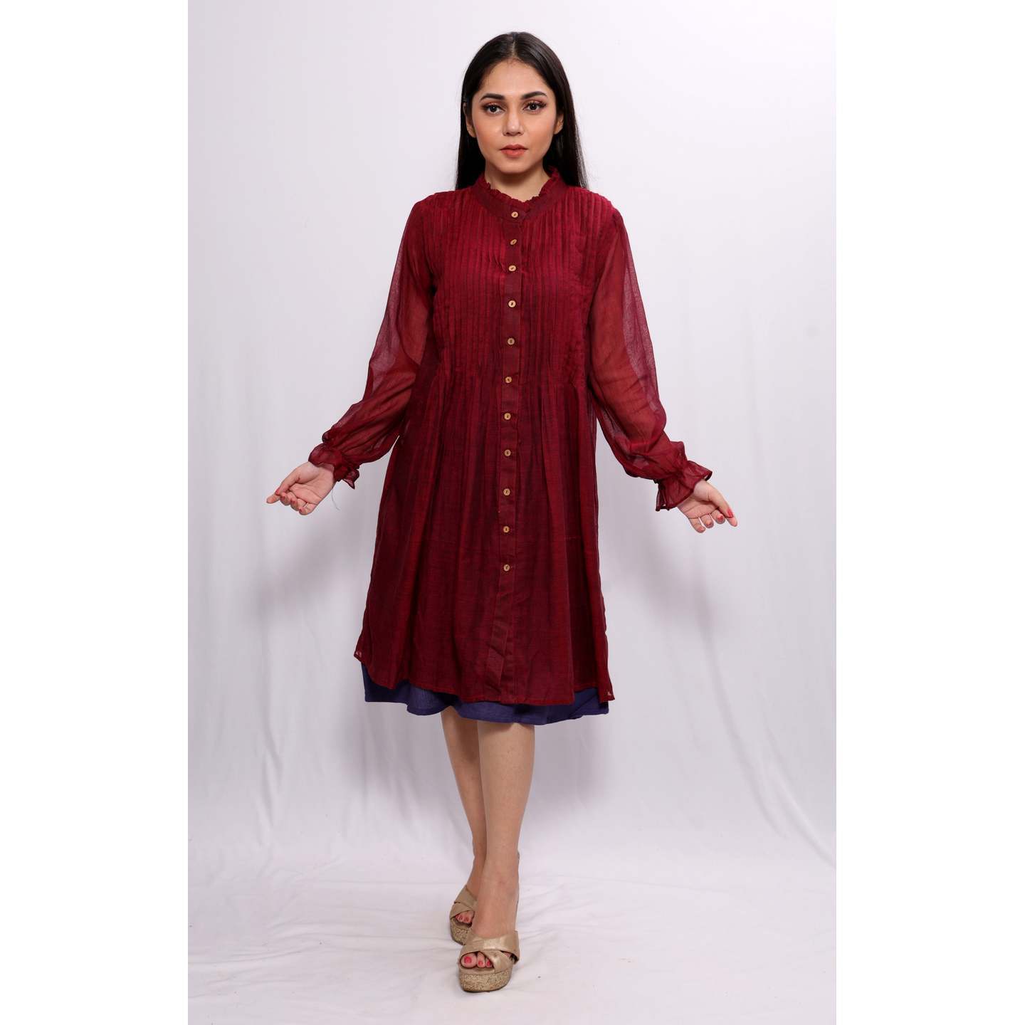 WOMEN RED MULMUL COTTON RUFFLE DRESS WITH BLUE COTTON INNER