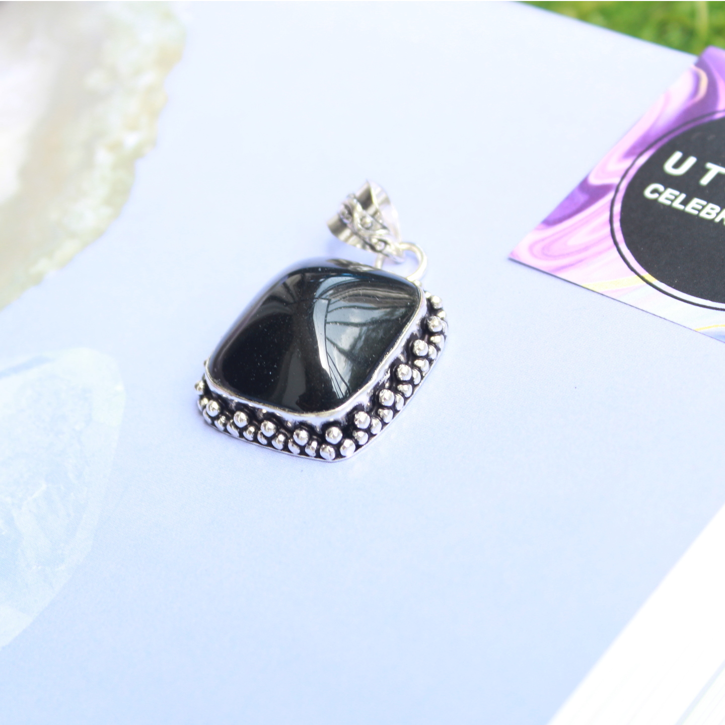 Black Obsidian Crystal Pendant Silver -  U T S A V A A