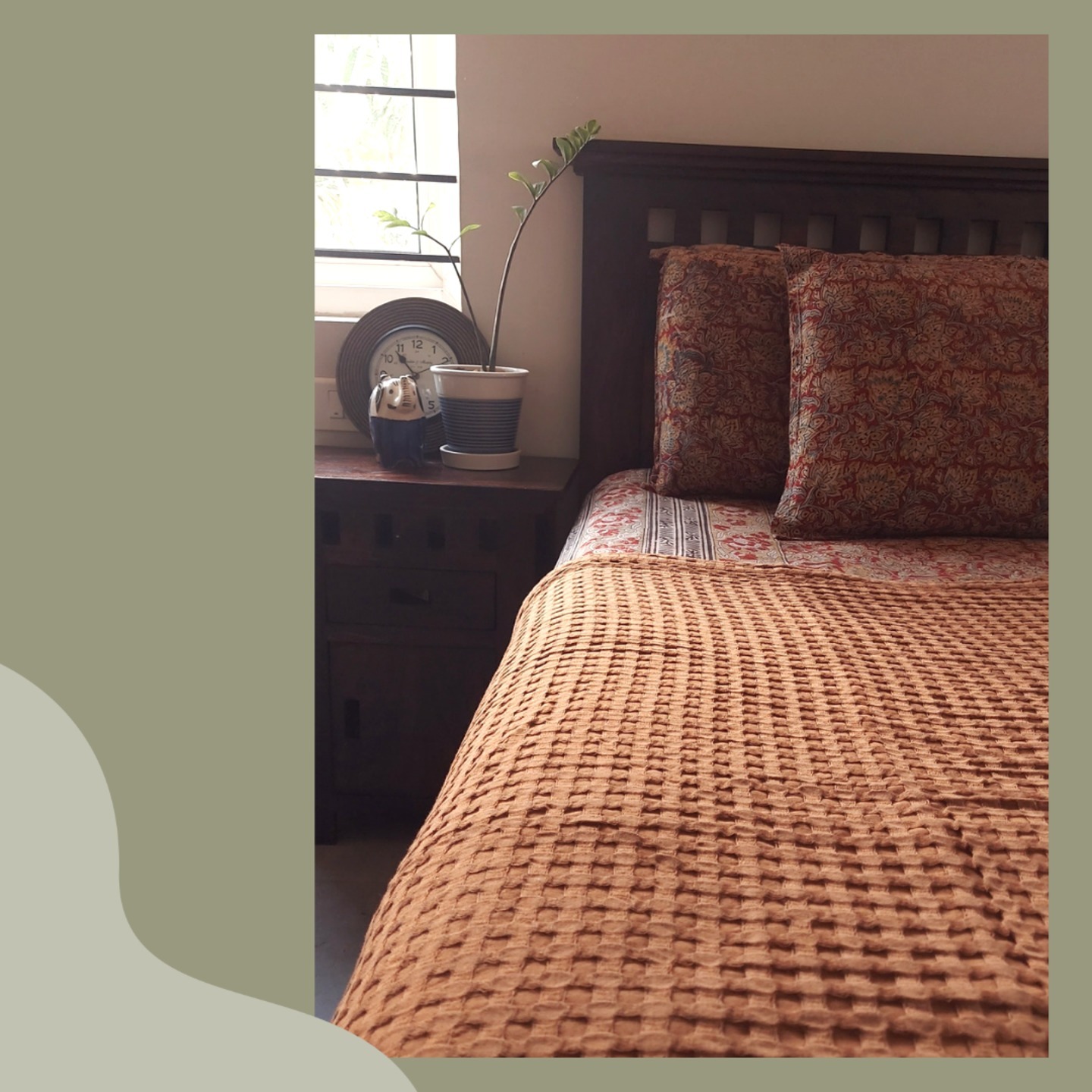Turmeric Cotton Yarn Dyed Bedspread  Throw Honey Comb Weave