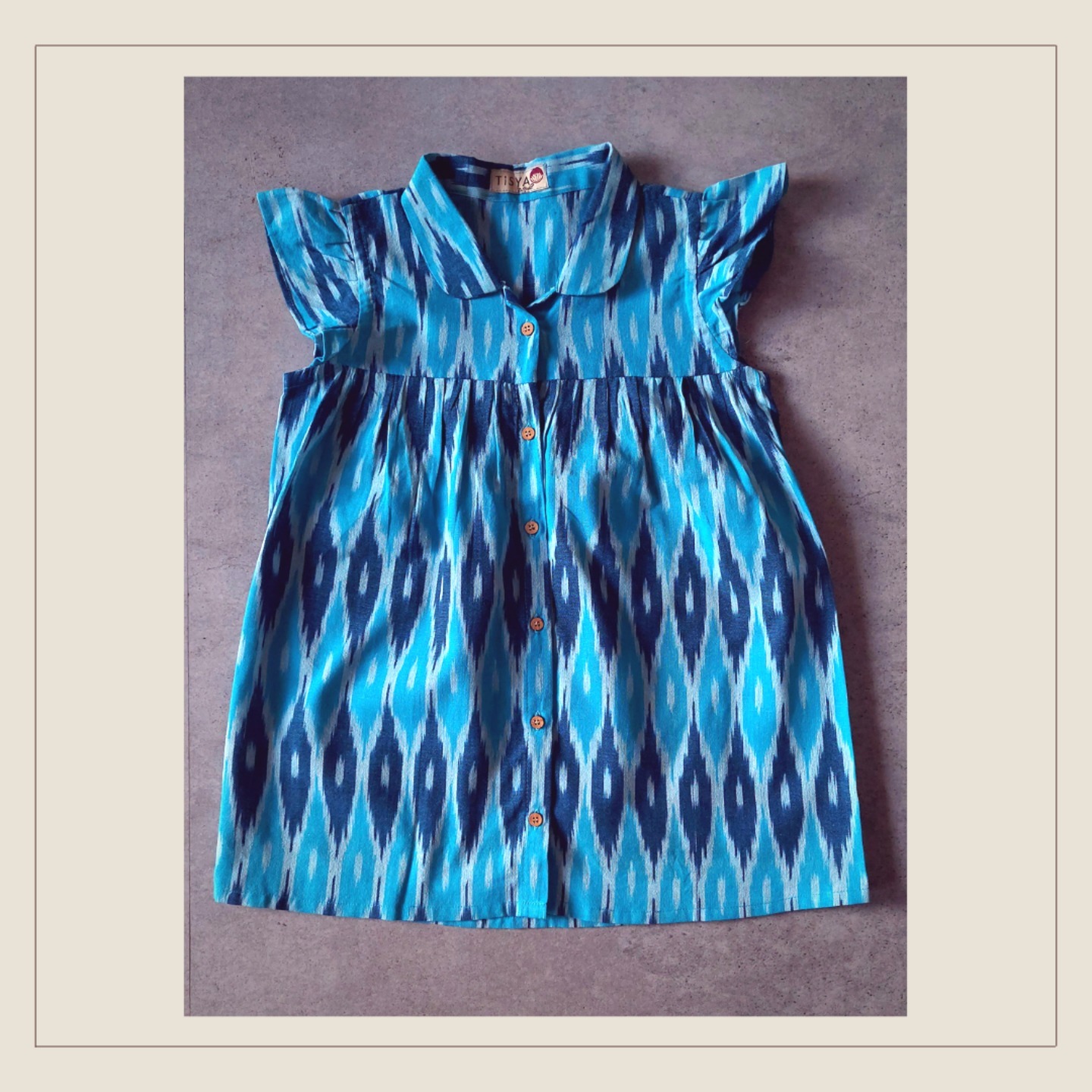 Ruffled Sleeve Ikat Weave Cotton Dress with a Peter Pan Collar - 5 Years