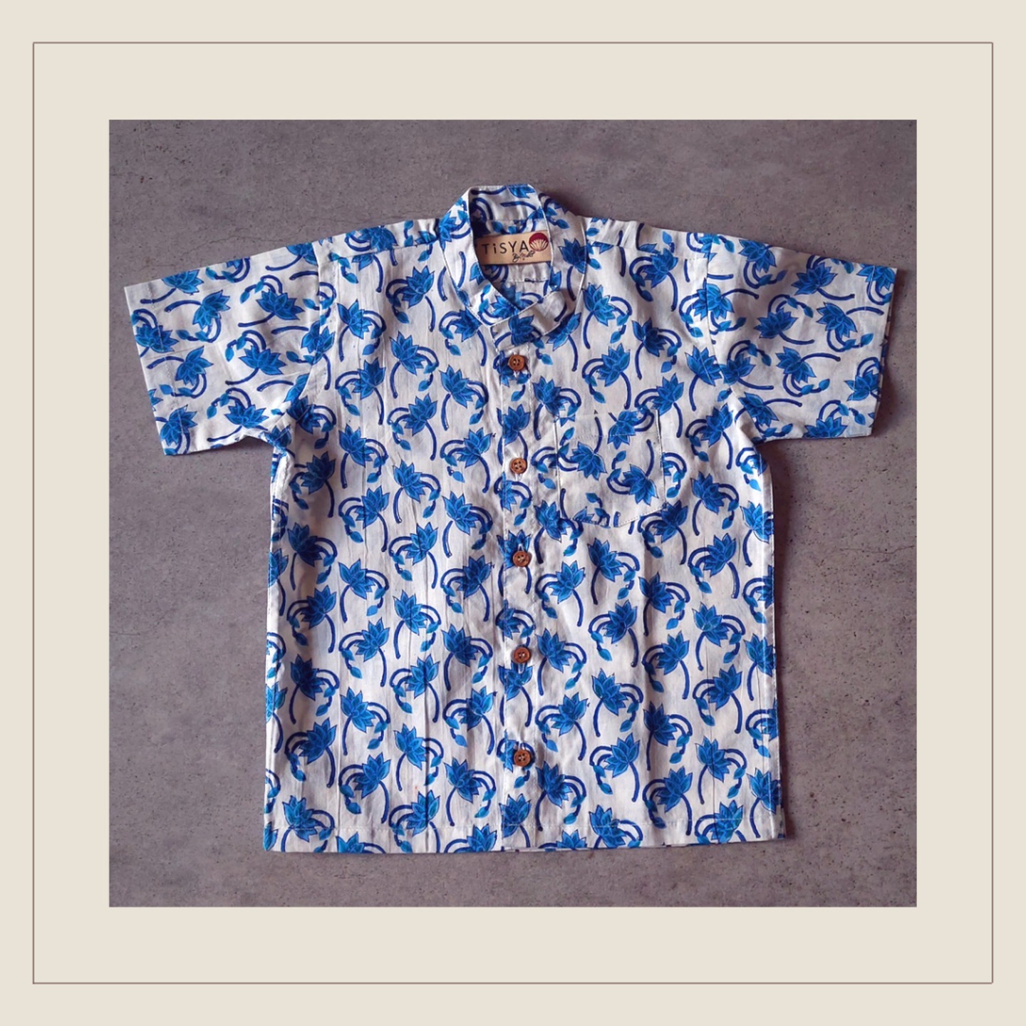 Floral White and Blue Handblock Printed Floral Pattern Boys Shirt- 18 to 24 months