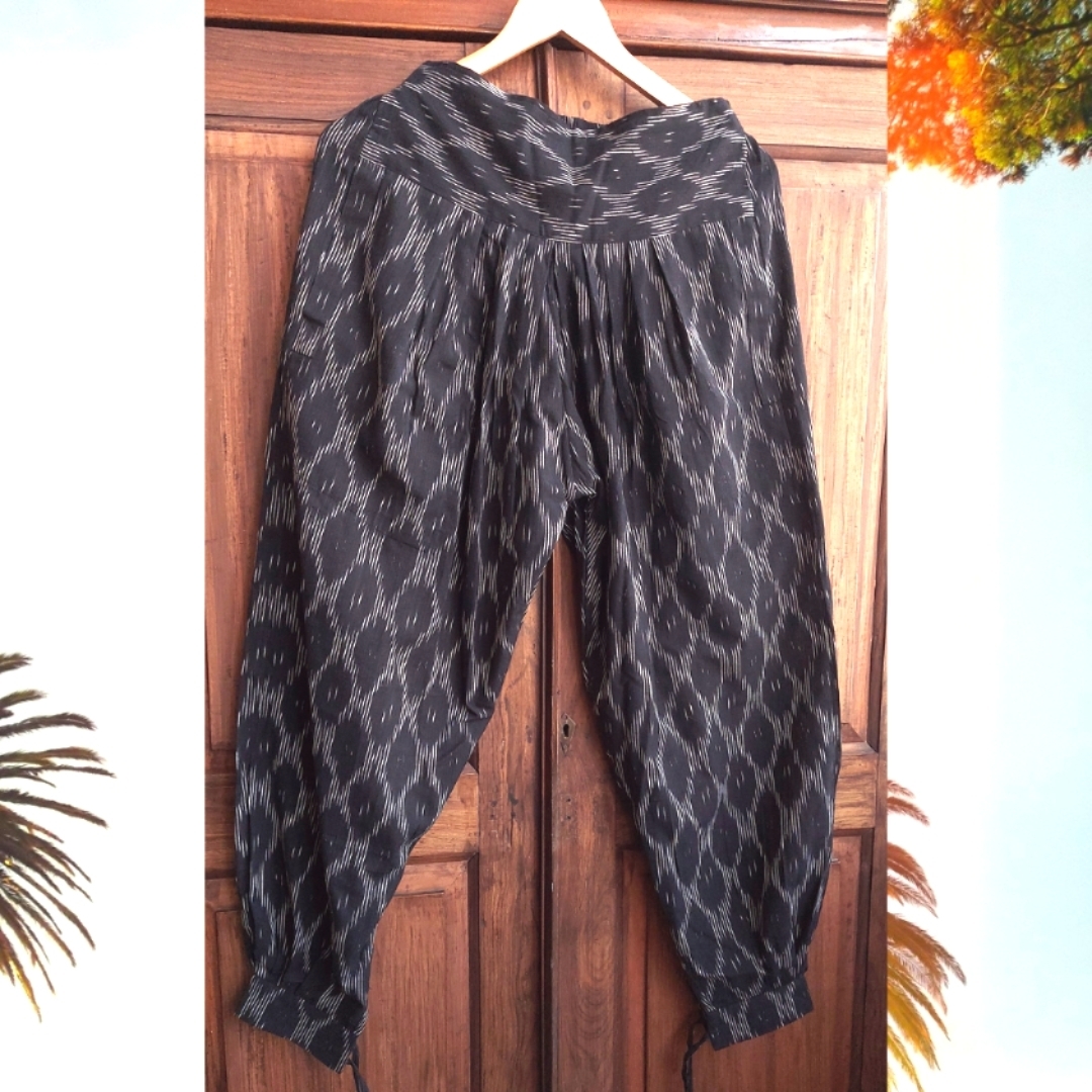 Black Handloom Cotton Ikat Salwar Boho stylised Pants - Size M