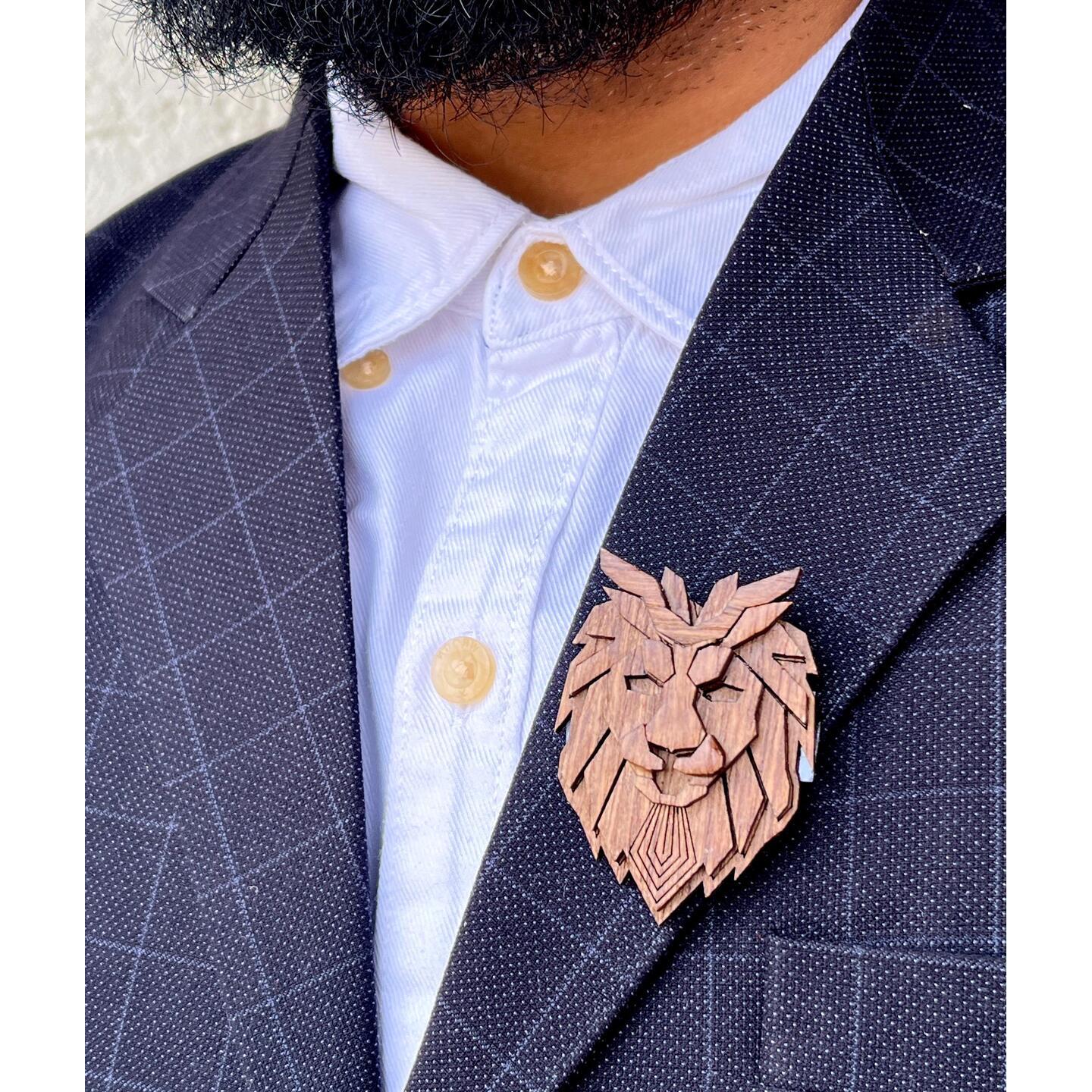 Miniature Wooden Lion Logo Brooch