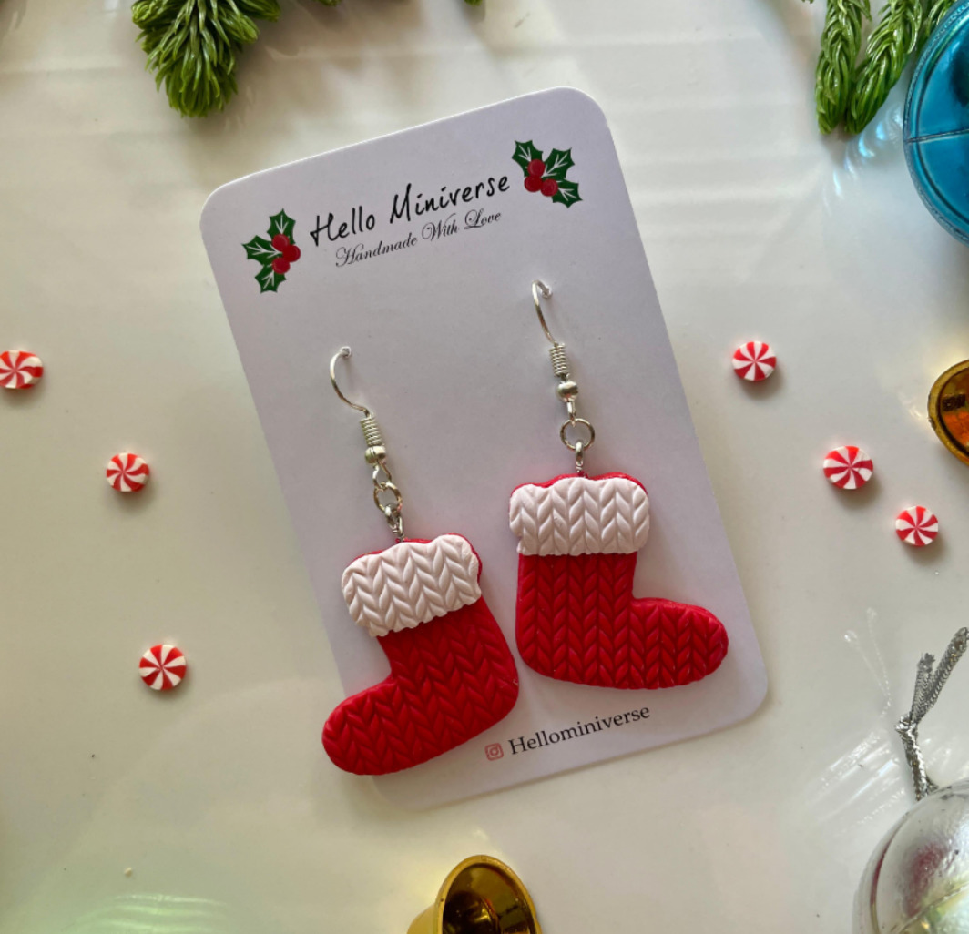 Minature Christmas red socks enamel drop earrings