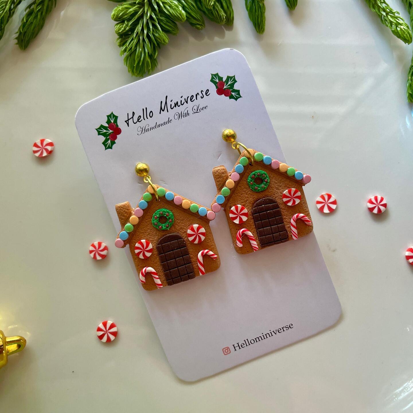 Miniature Gingerbread Candy Cane House Polymer Clay Earrings