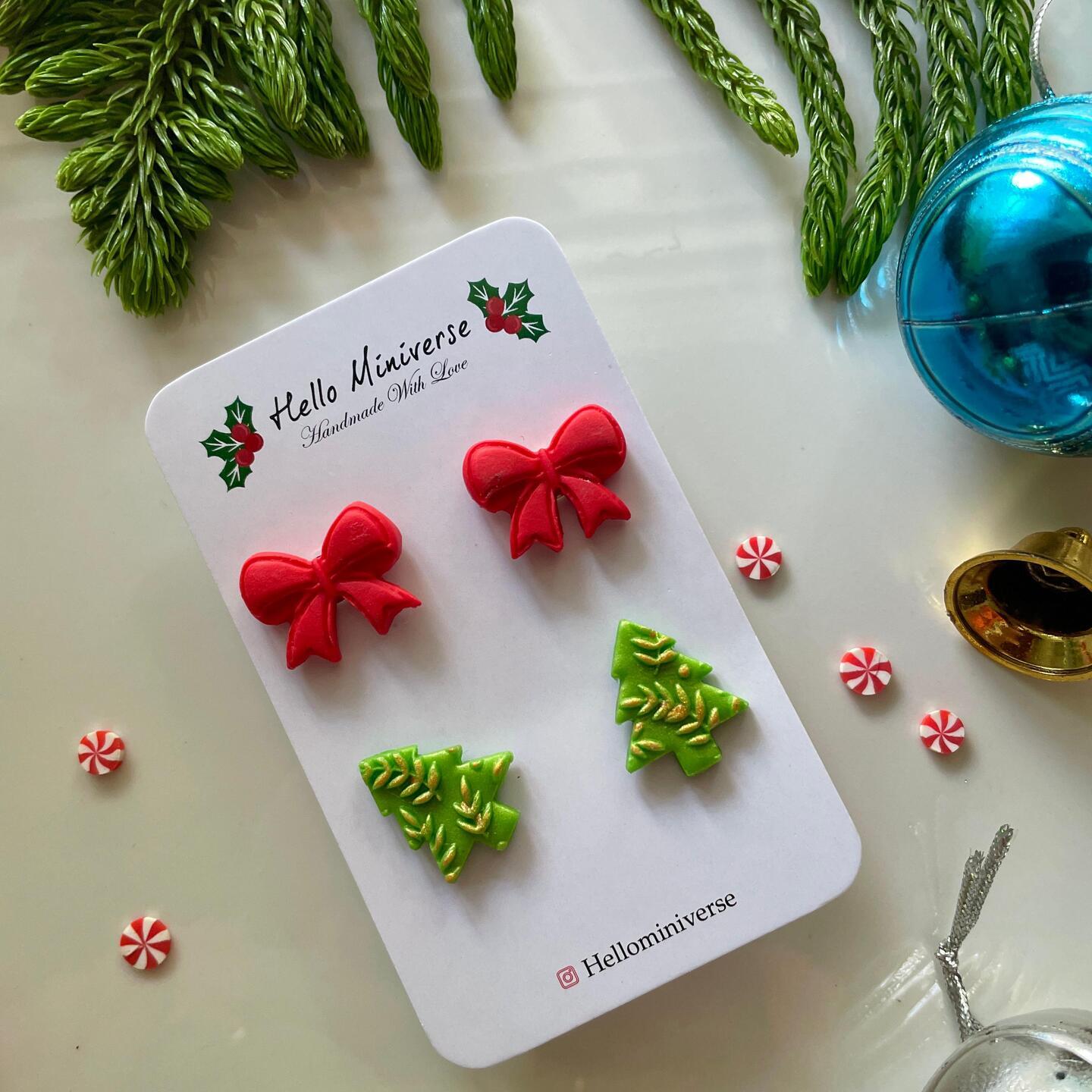 Miniature Christmas Bow Stud With Tree Earrings 