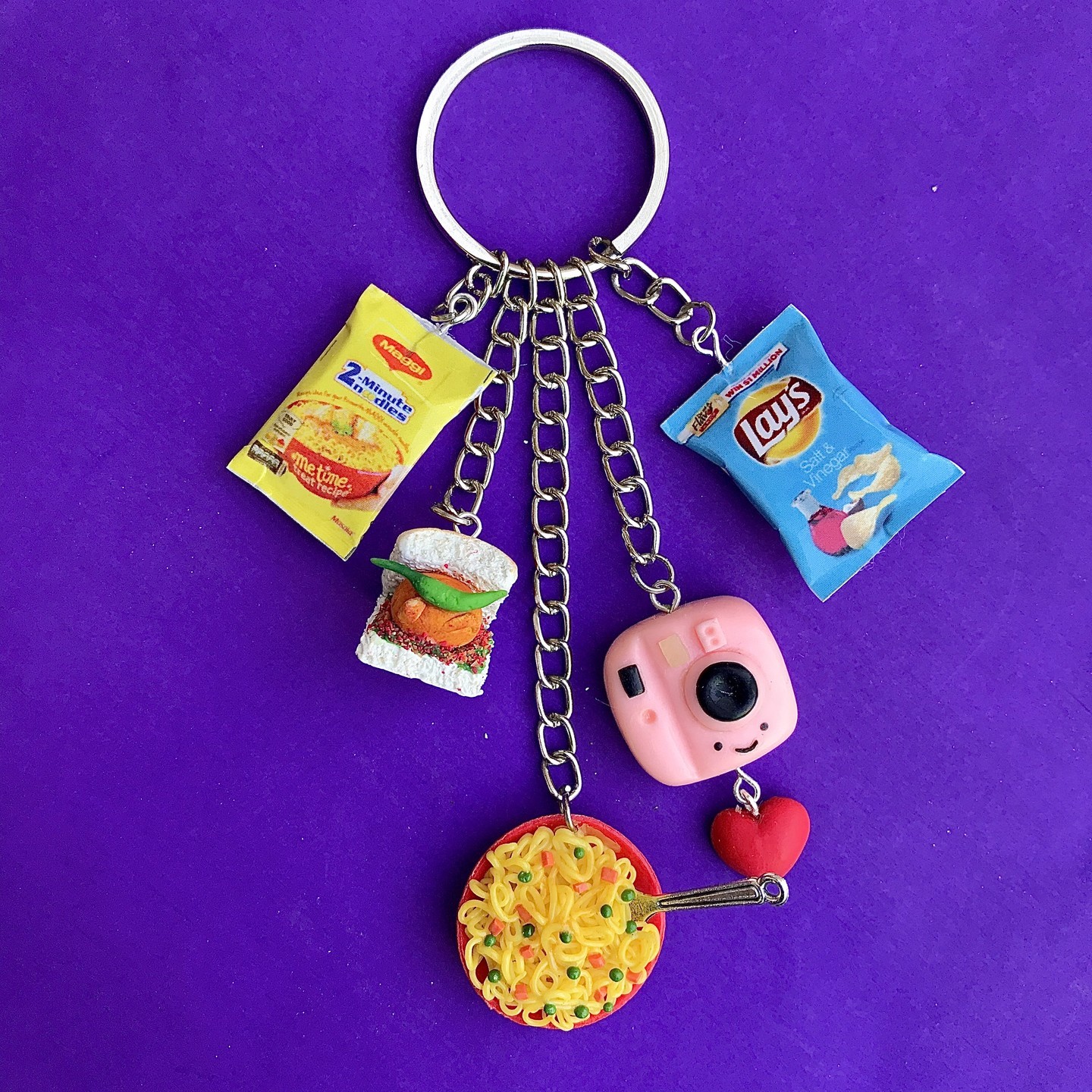 Miniature Vada Pav with Meggi, Lays Keychain