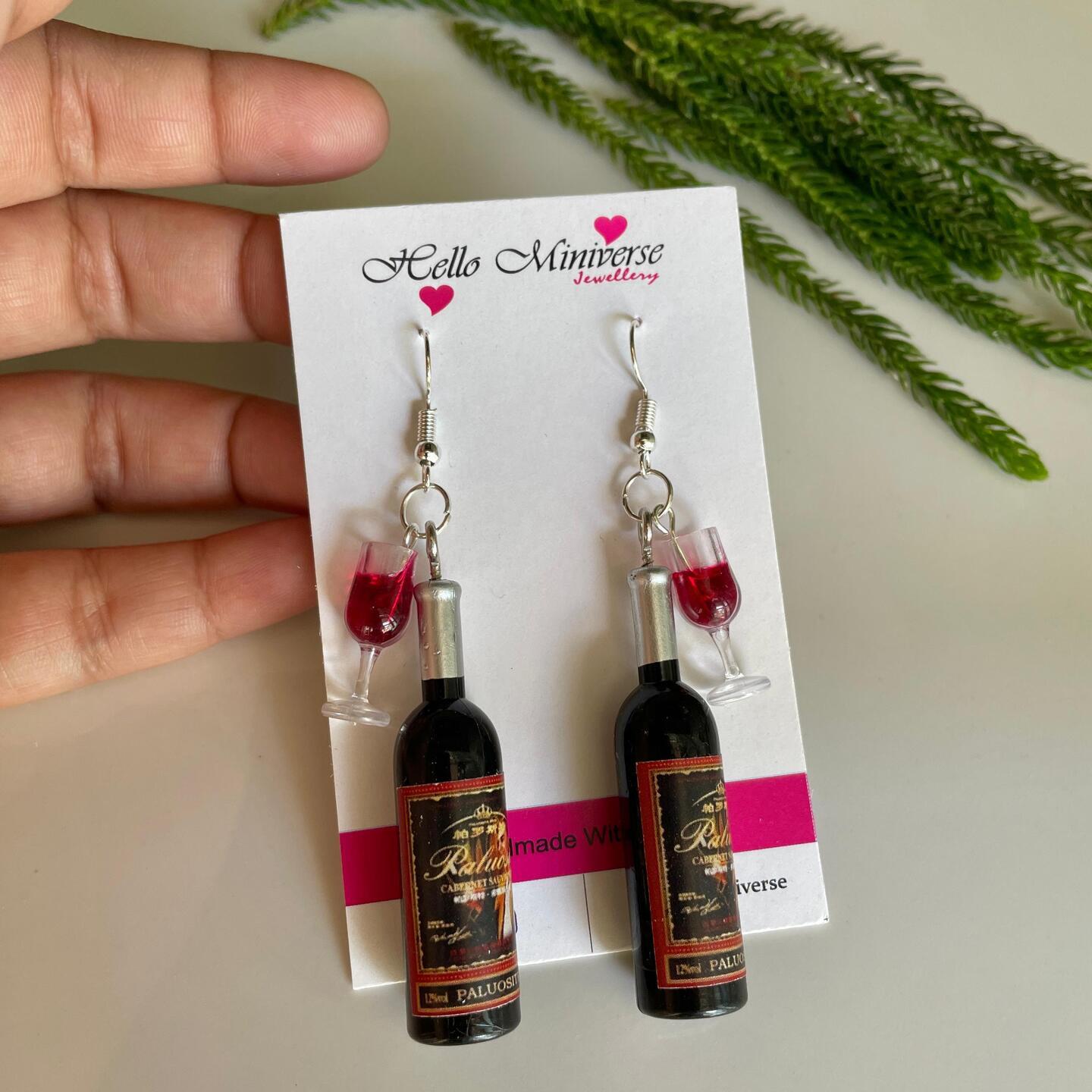 Miniature Red Wine With Glass Cork Earrings