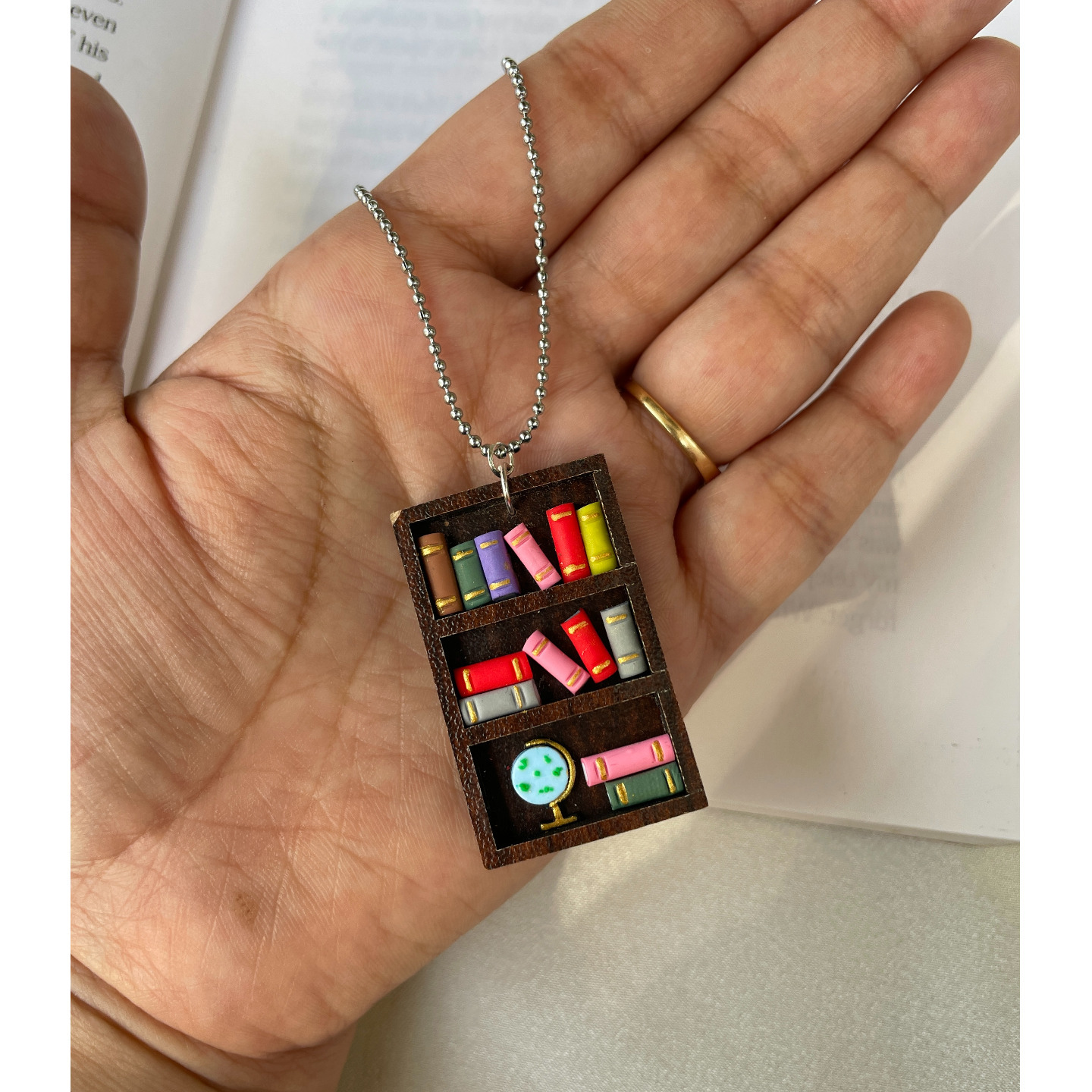 Miniature Bookcase Dangle Clay Necklace