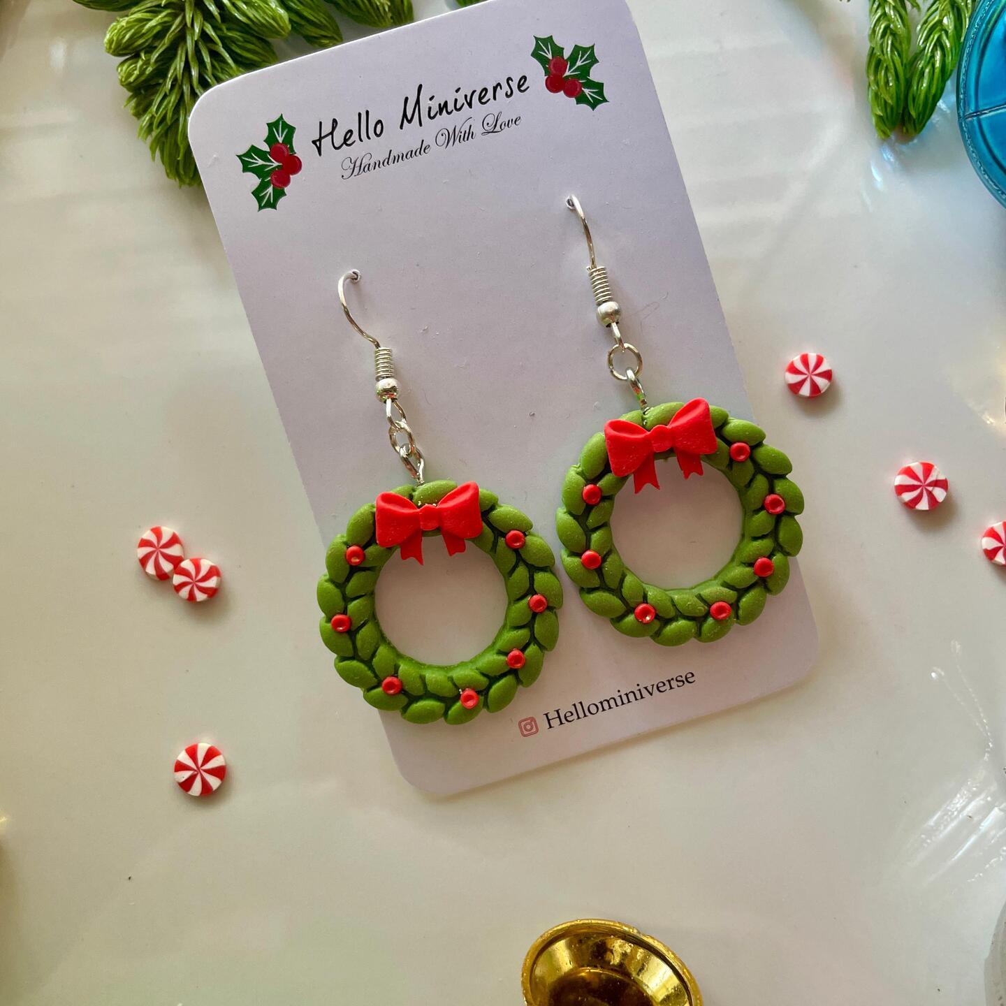 Miniature Wreath & Bow Dangle Earrings