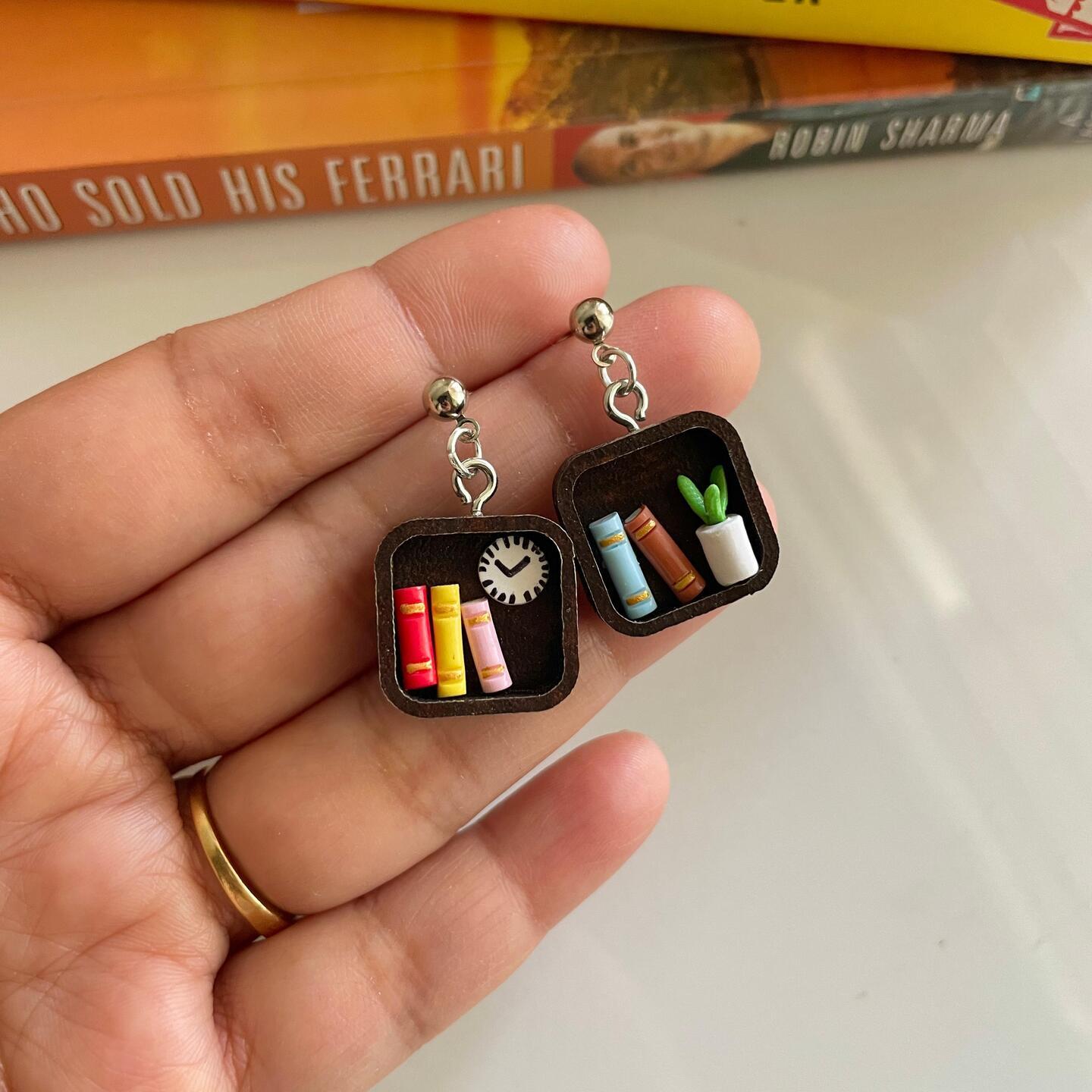 Miniature Square Shape Bookshelf Earrings