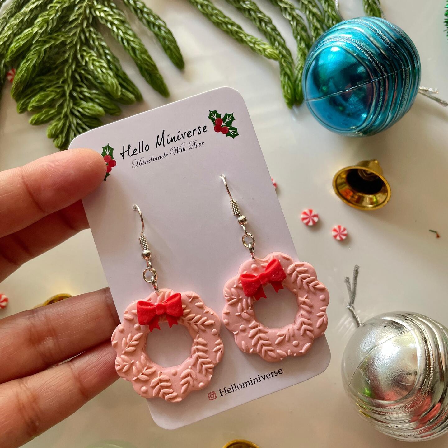 Miniature Piink Wreath & Bow Dangle Earrings