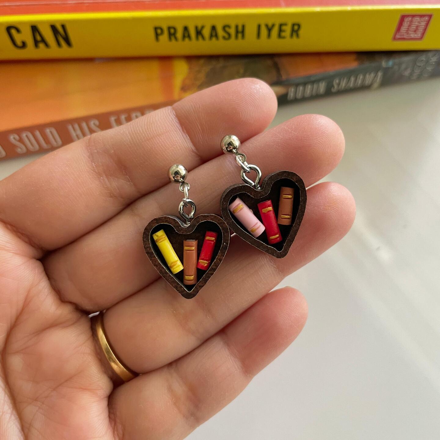Miniature Heart Shape Bookshelf Earrings 