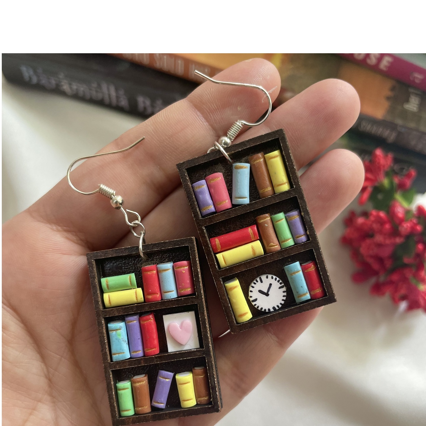 Miniature Bookcase dangle clay earrings