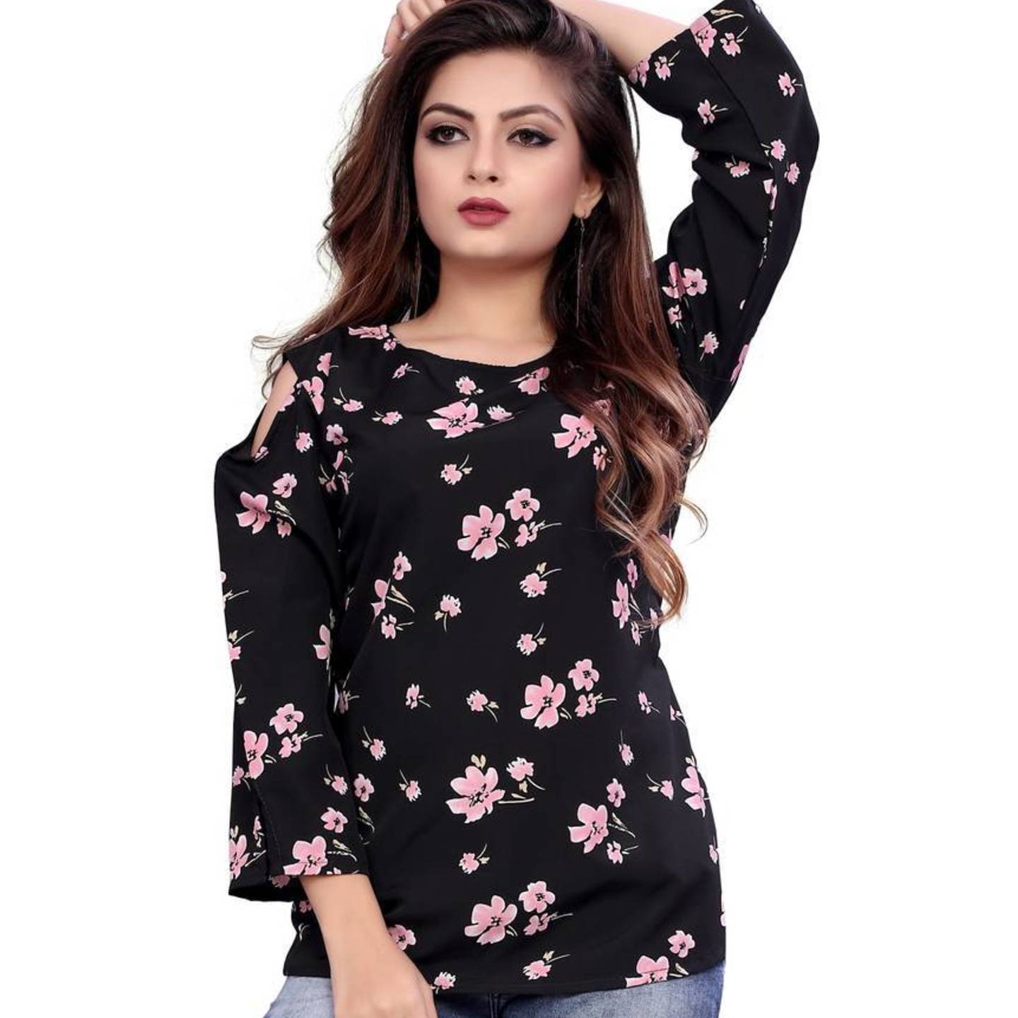 WOMEN'S BLACK CREPE PRINTED TOP