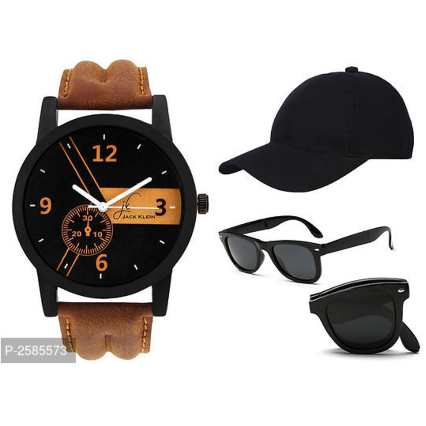 Black dial Brown Strap Men's Analog watch,Cap And Foldable Glasses