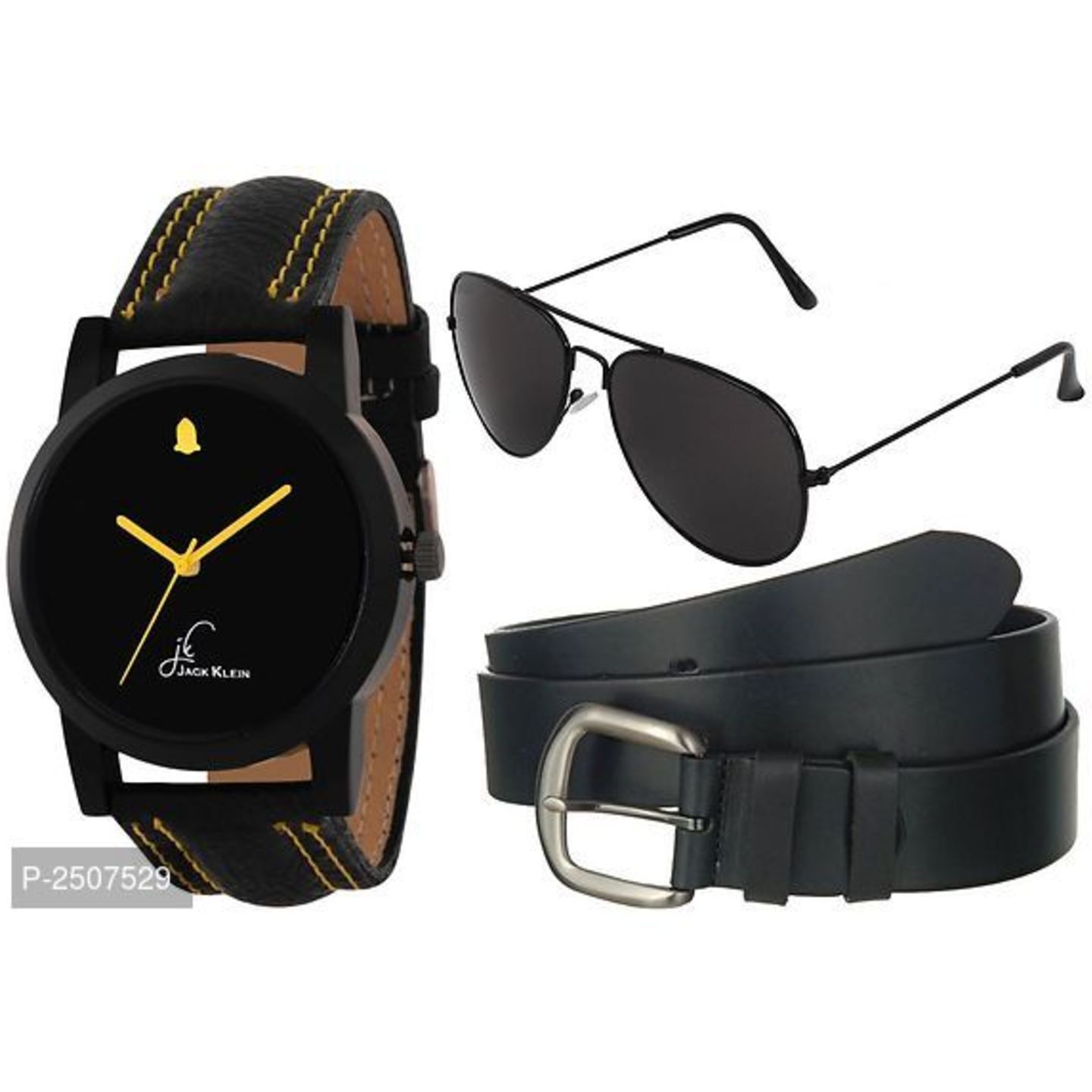 Elegant Black Men's Analog Watch, Belt And Aviator Glasses