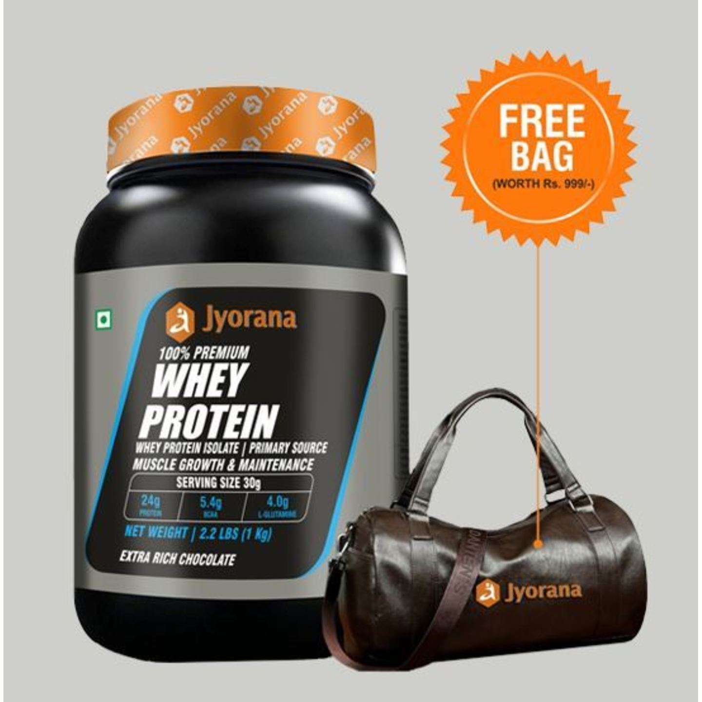 WellnessMart Jyorana 100 premium Whey protein with Isolate Extra Rich Chocolate Flavor with Free Sports Bag - 1 Kg