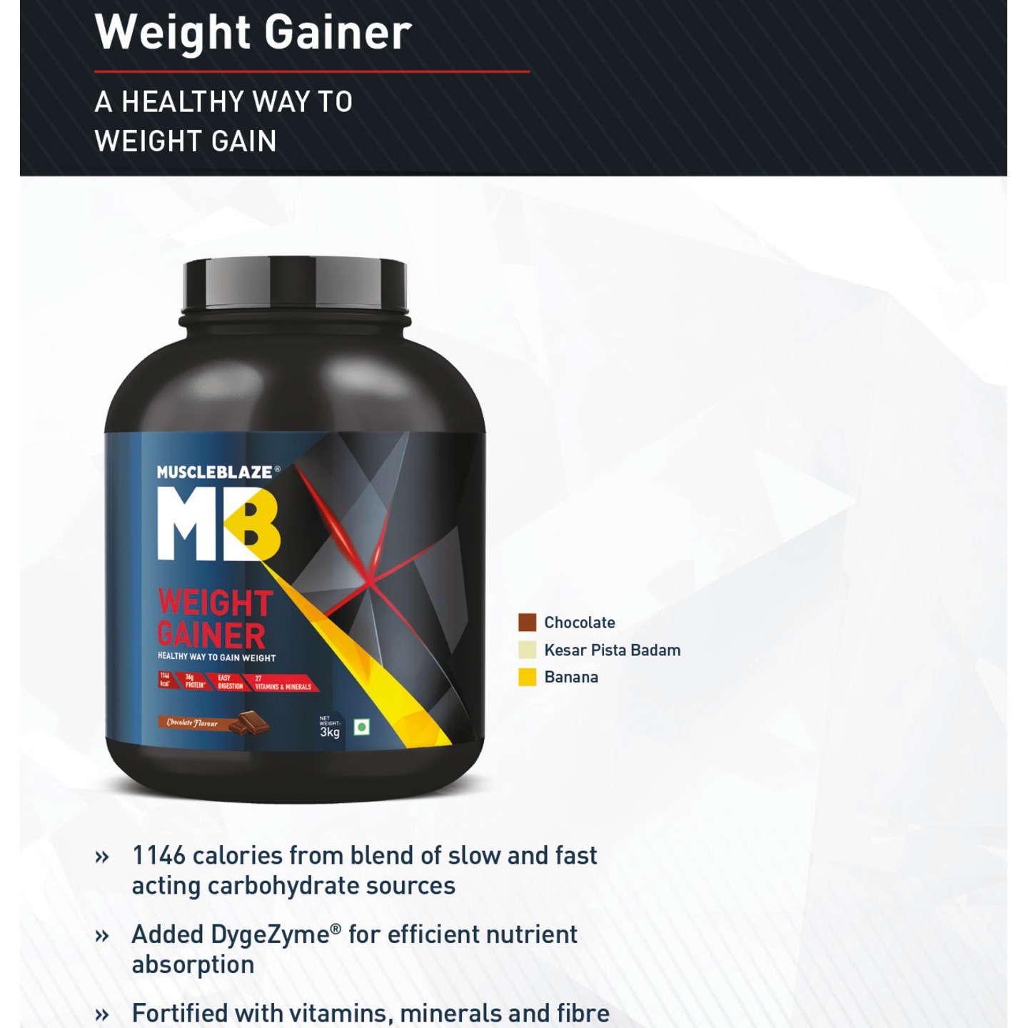 MuscleBlaze Weight Gainer with Added Digezyme, 3 Kg Chocolate