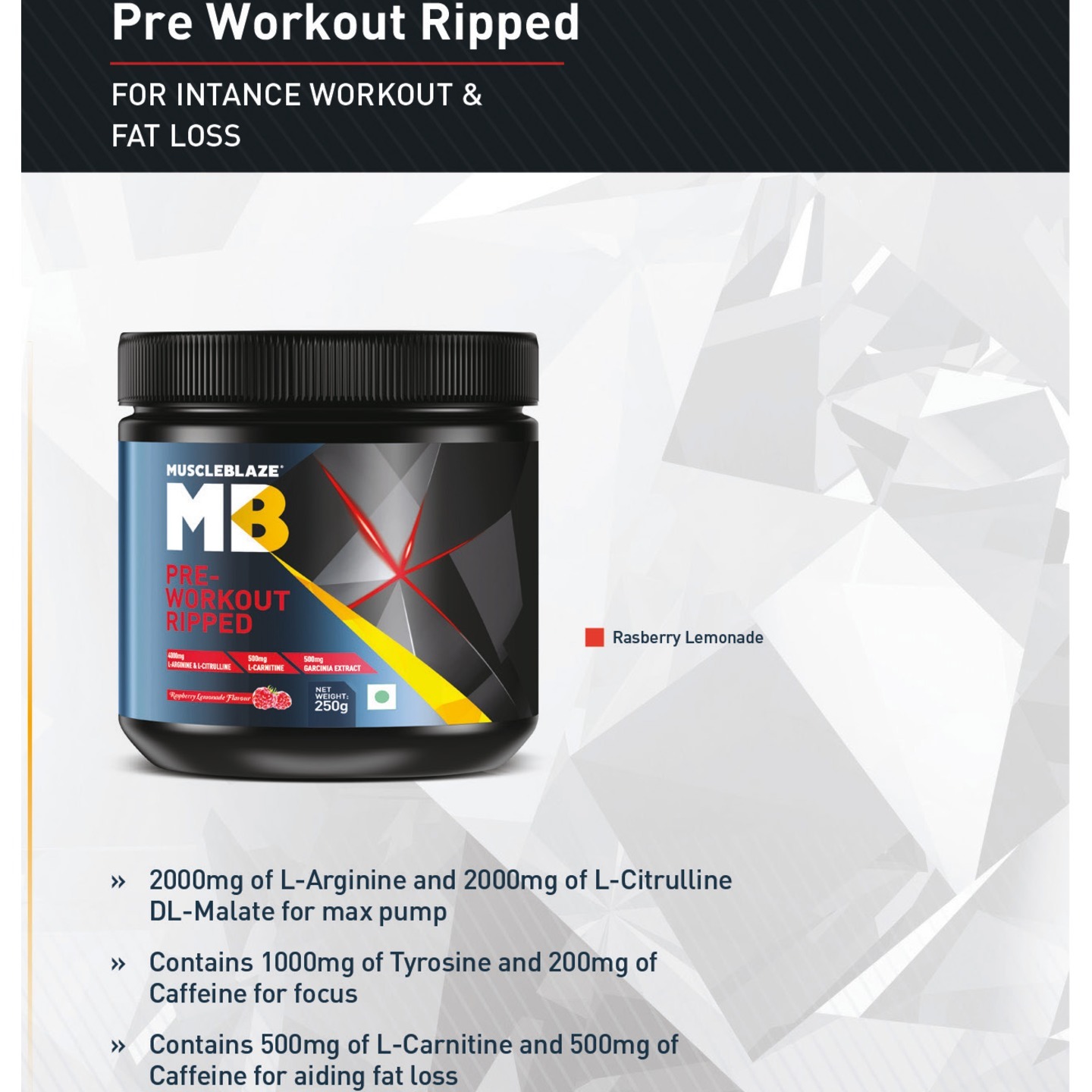 MastMart MuscleBlaze PRE Workout Ripped, 0.25 Kg Raspberry Lemonade