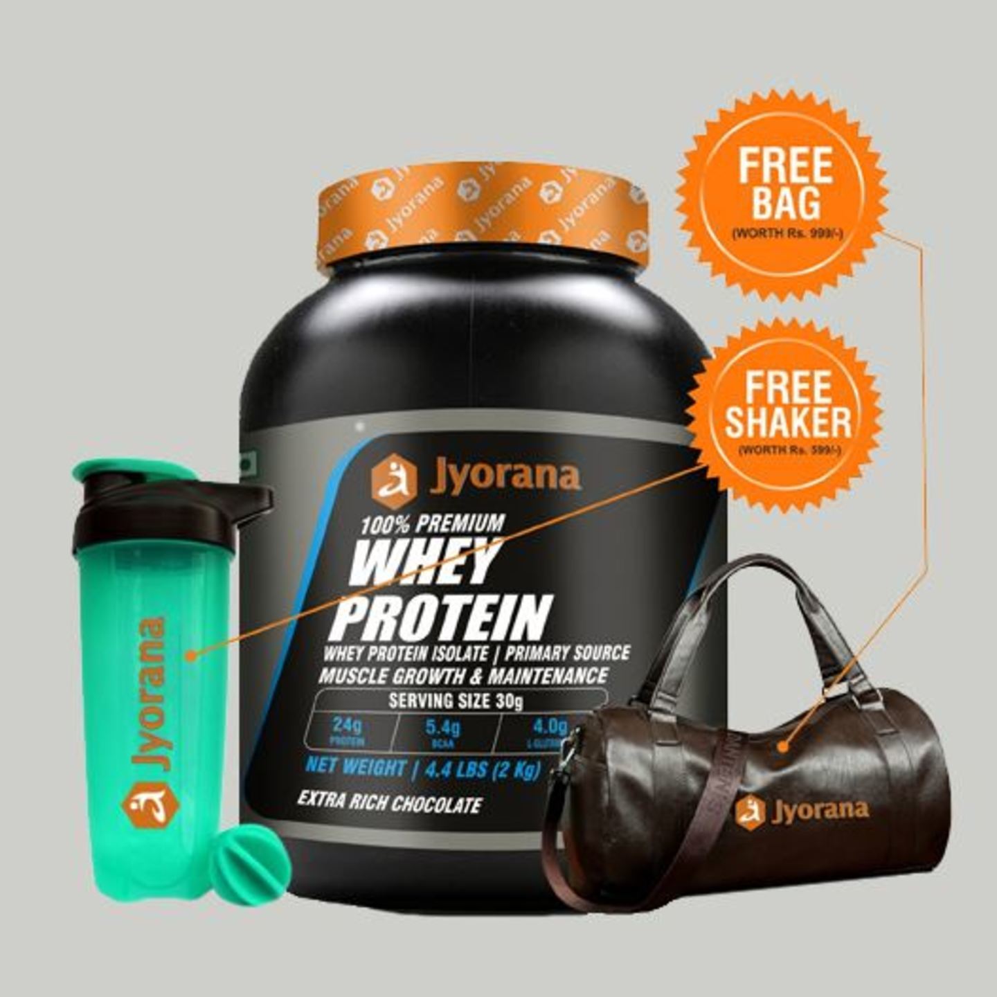 WellnessMart Jyorana 100 Whey protein with Isolate with Free Sports Bag and Shaker Bottle - 2 Kg