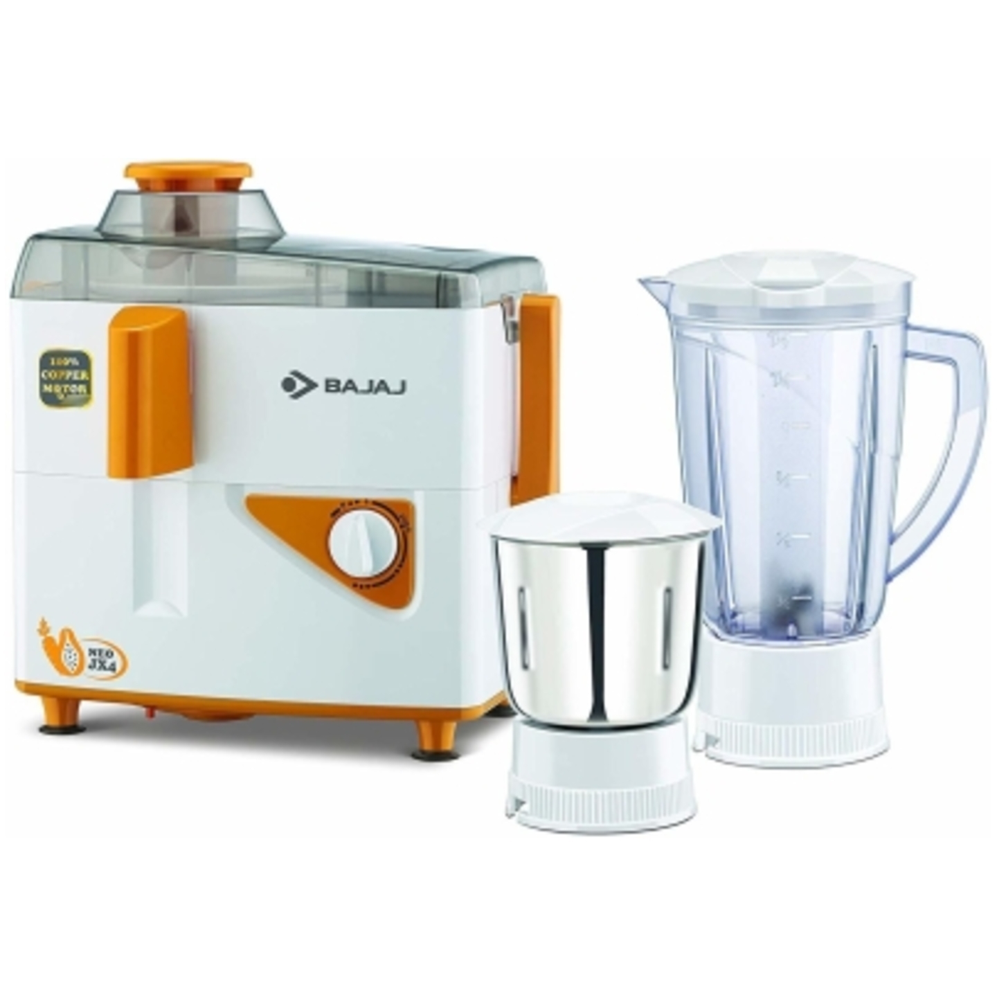 Bajaj Neo JX-4 JMG Juicer MIxer Grinder 450 Juicer Mixer Grinder (2 Jars, White and Orange)