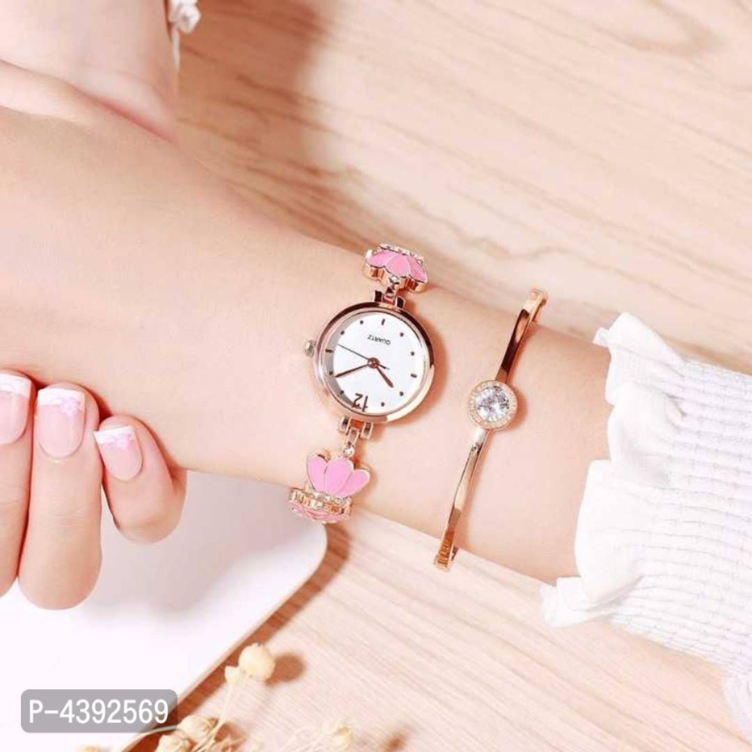 Bracelet 3 Petal Rosegold Pink New Analog Watch For Women*
