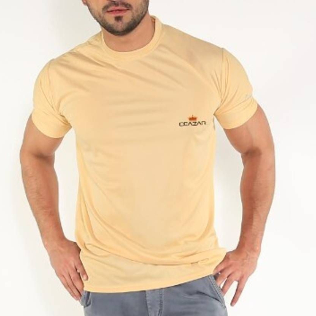 Men's Beige Solid Polyester Round Neck T-Shirt