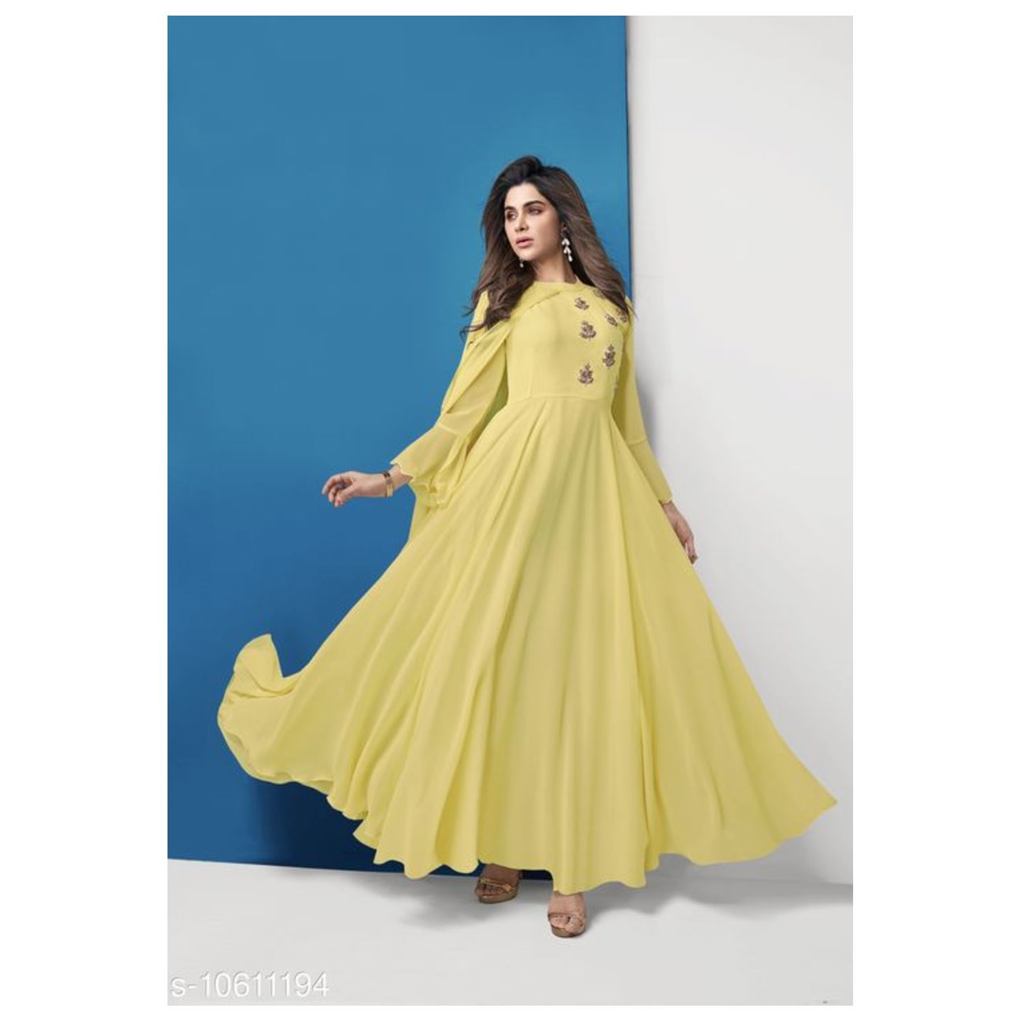 Women Georgette Gown Solid Yellow Kurti