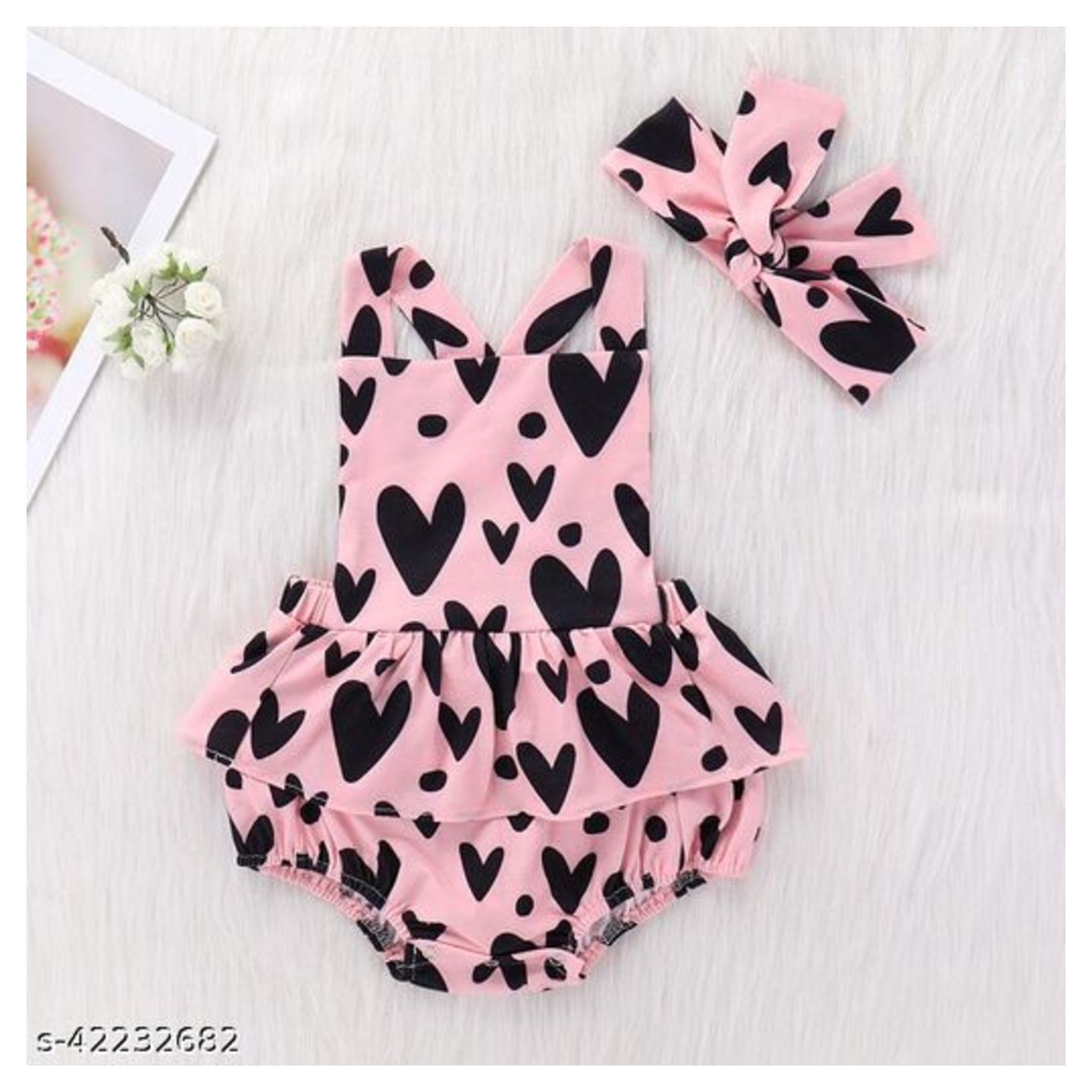 Hopscotch Girls Polyester Heart Print Onesies with Headband in Pink Color (667747)