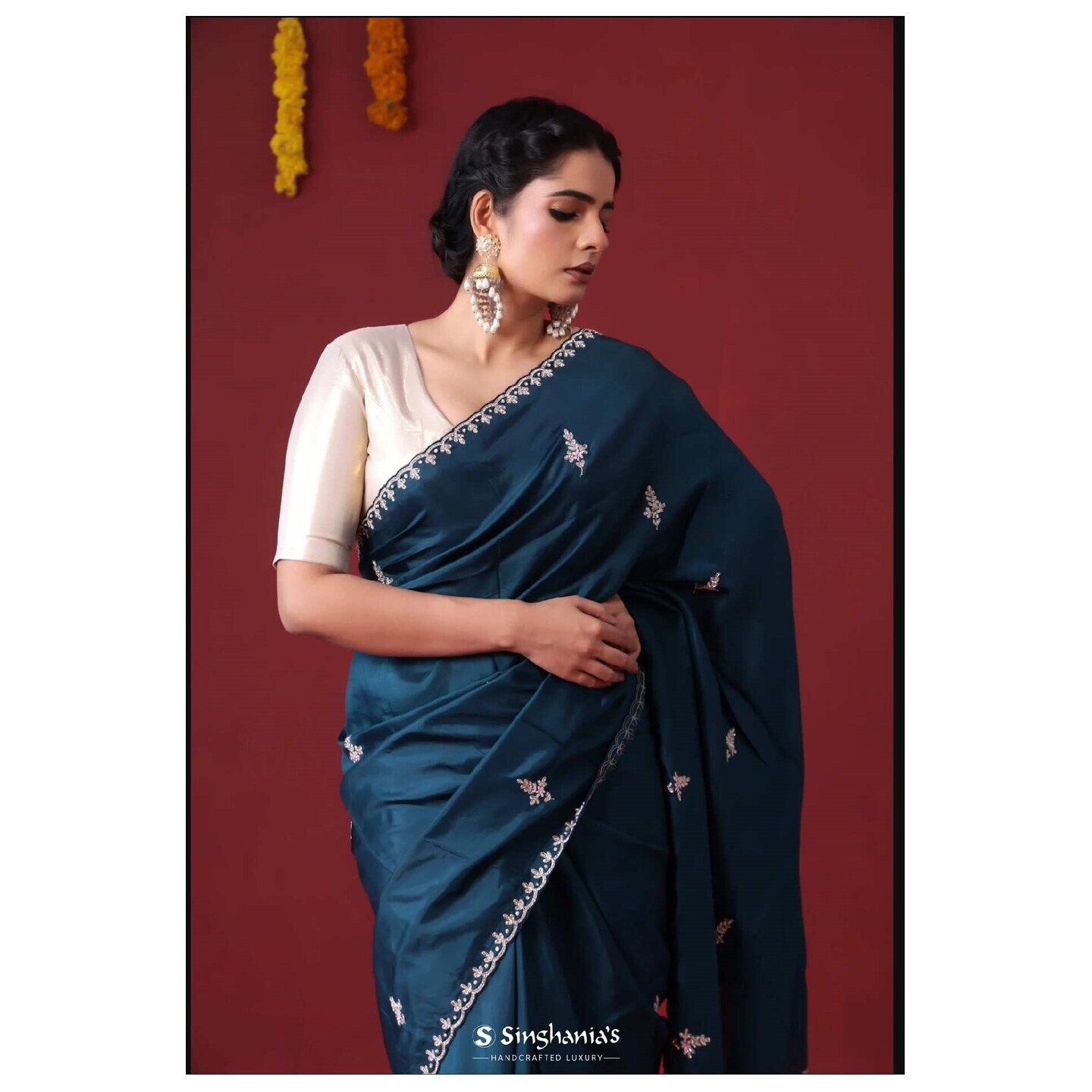 Capital Blue Handcrafted Satin Saree With Floral Butti 