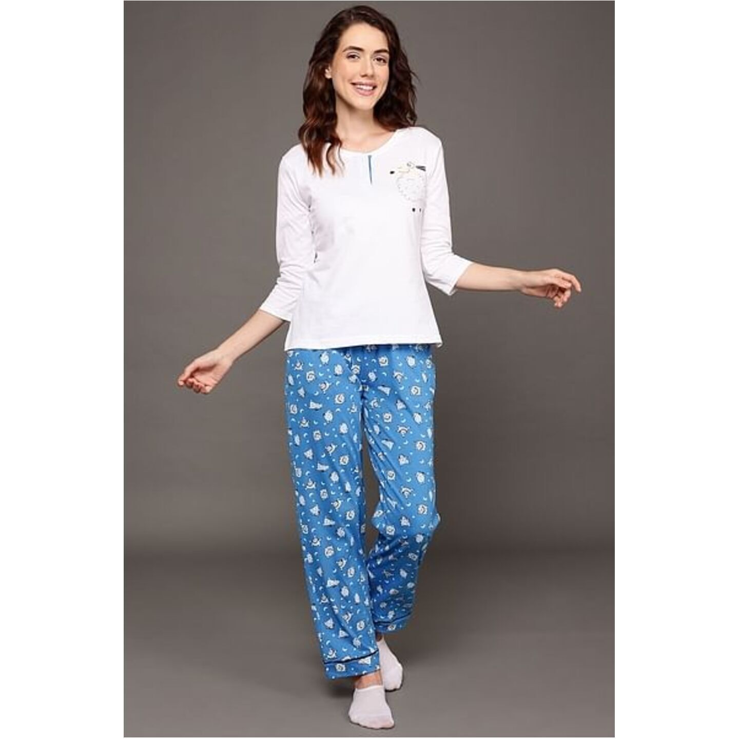 Sheep Print Top in White & Pyjama in Cobalt Blue - 100% Cotton 