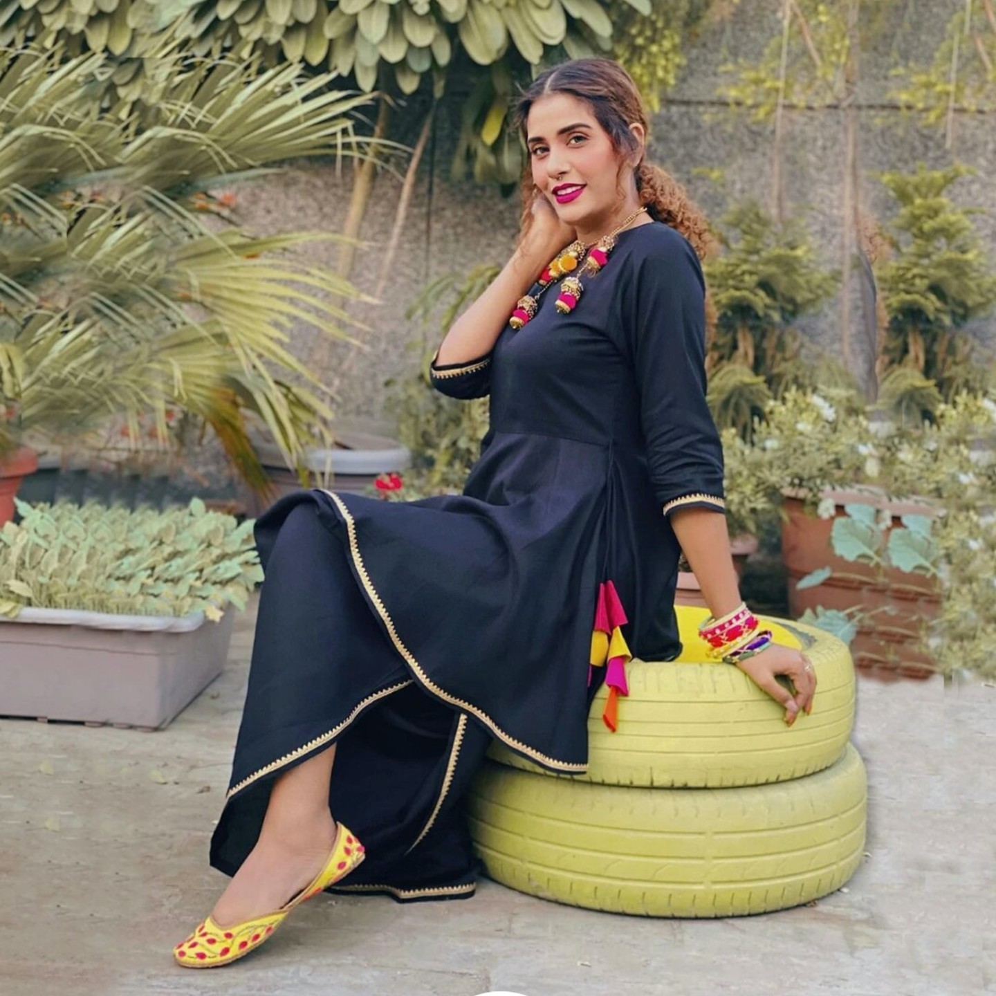 Elegant Black Dhoti Peplum Top Set with Multicolor Tassels