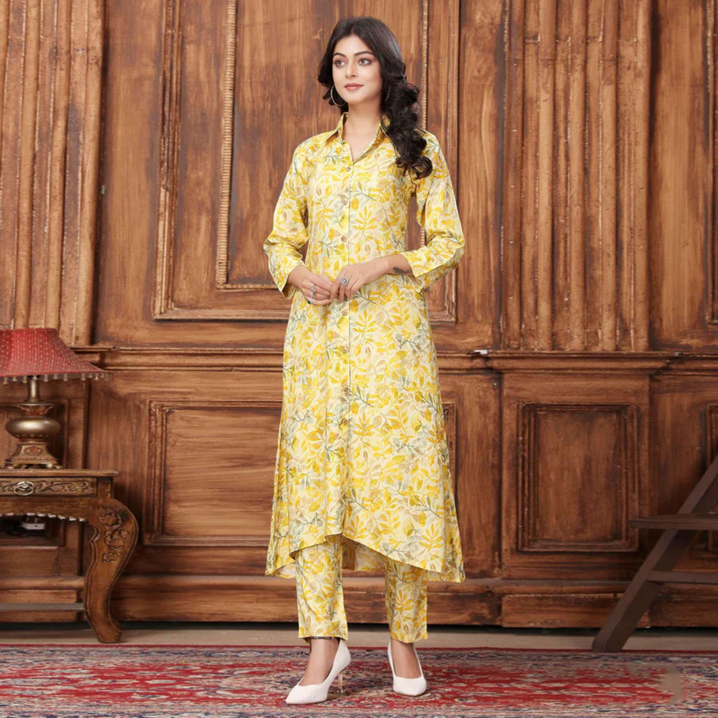 Yellow Floral Printed Rayon Co-Ord Set 