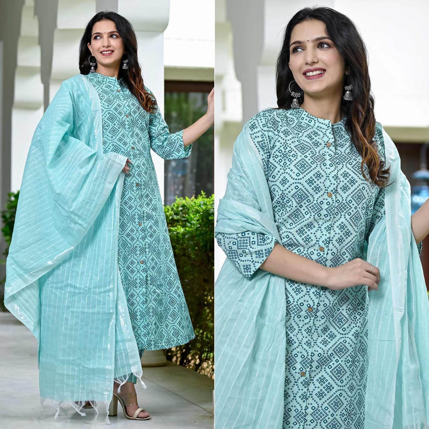 Turquoise Bandhani Printed Pure Cotton A Line Suit