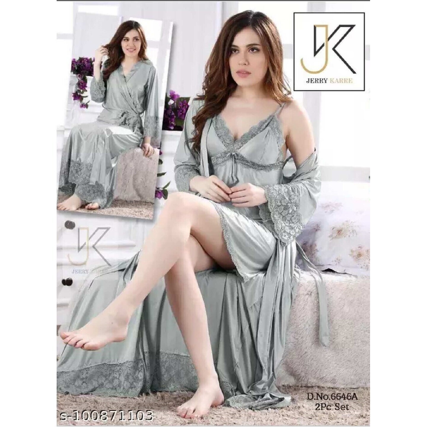 Jerry Nightwear Fancy two Piece Satin silky stylish Nighty with a robe for Women